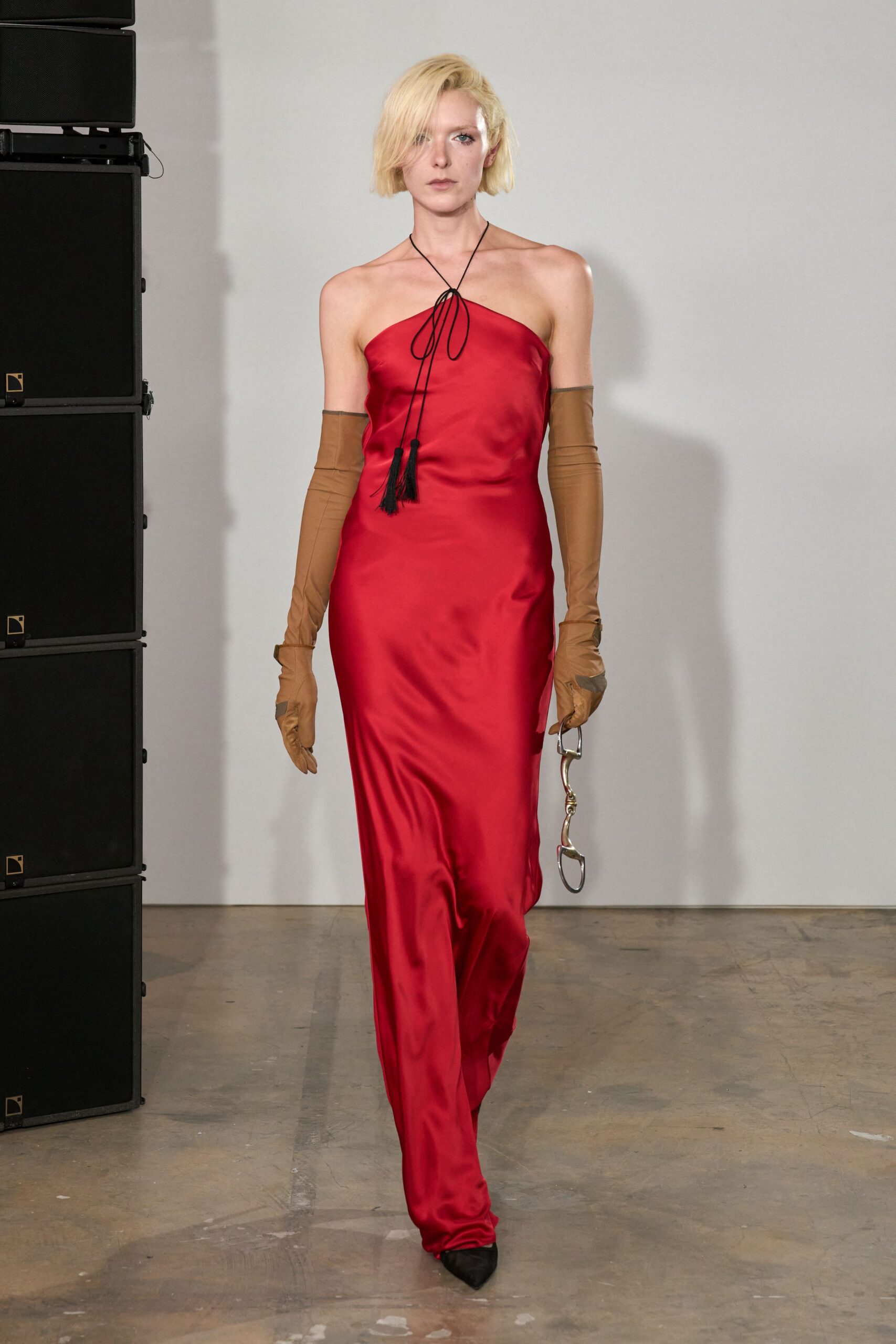 red satin strapless evening gown