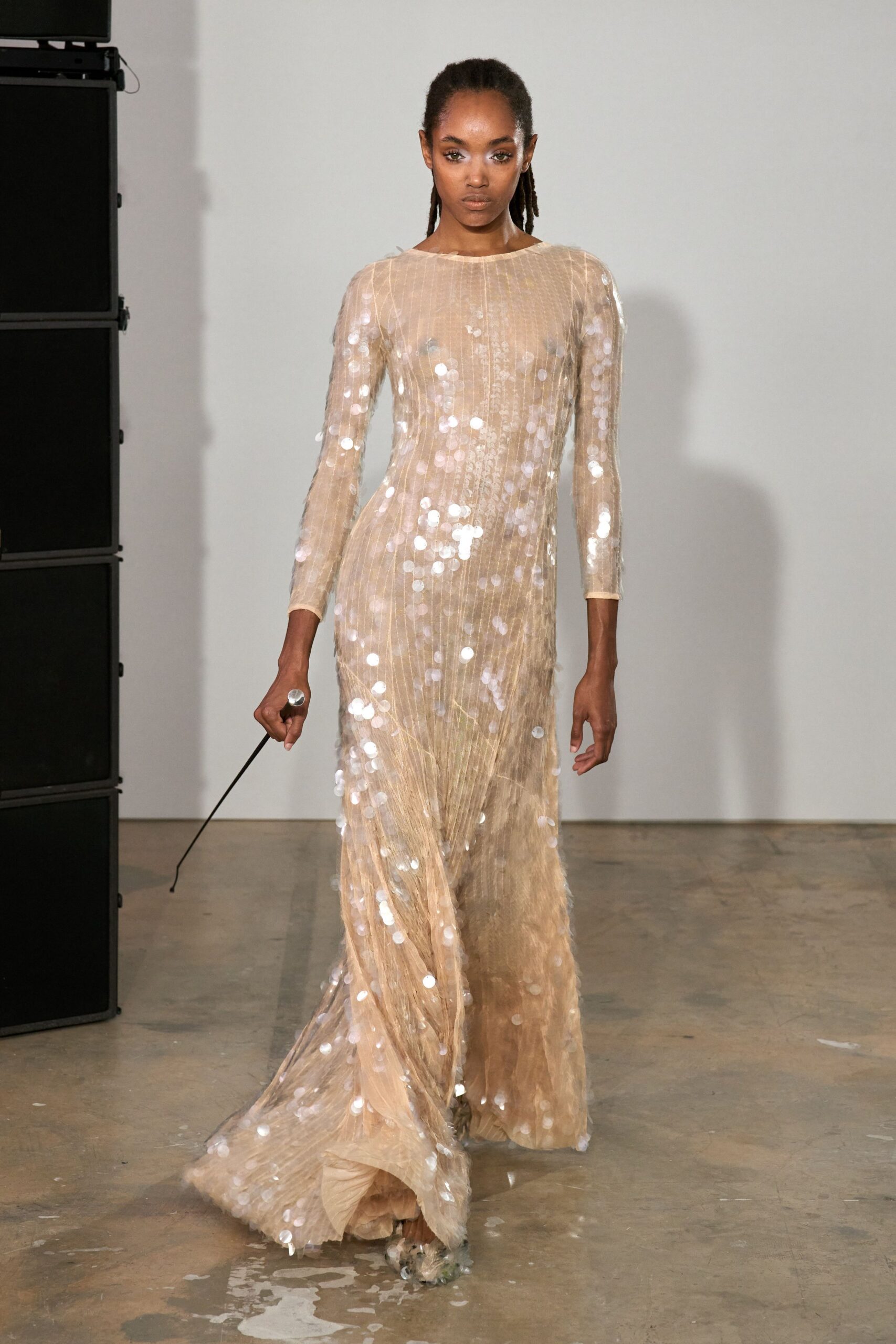 sheer sequined long-sleeve evening gown
