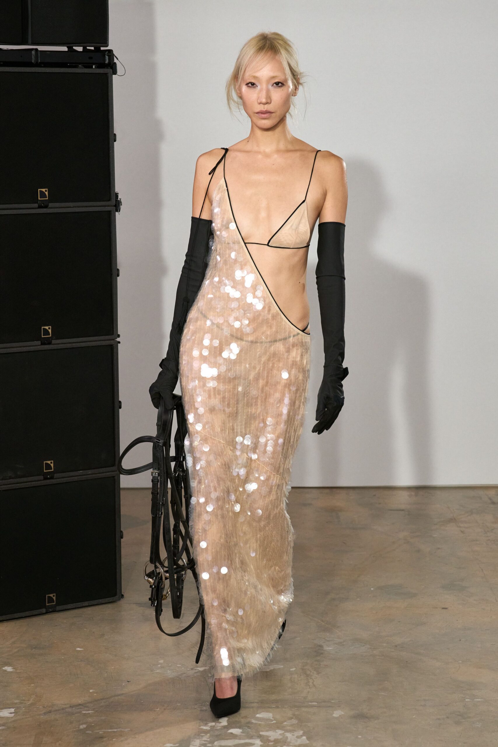 sheer sequined asymmetric evening gown