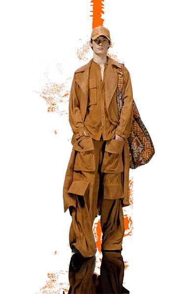 brown suede jacket and cargo pants