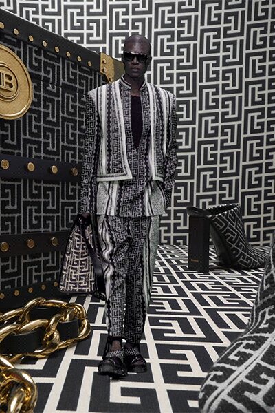 black and white striped suit