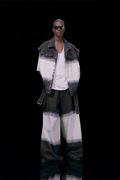 color-blocked denim jacket with wide-leg pants