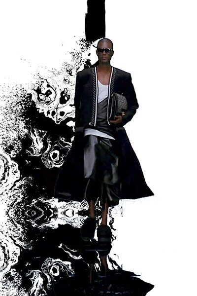 black silk coat with gray pants