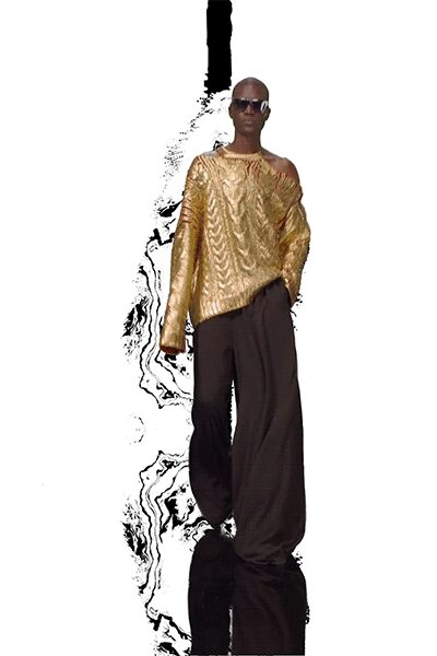 gold off-shoulder top and black wide-leg pants