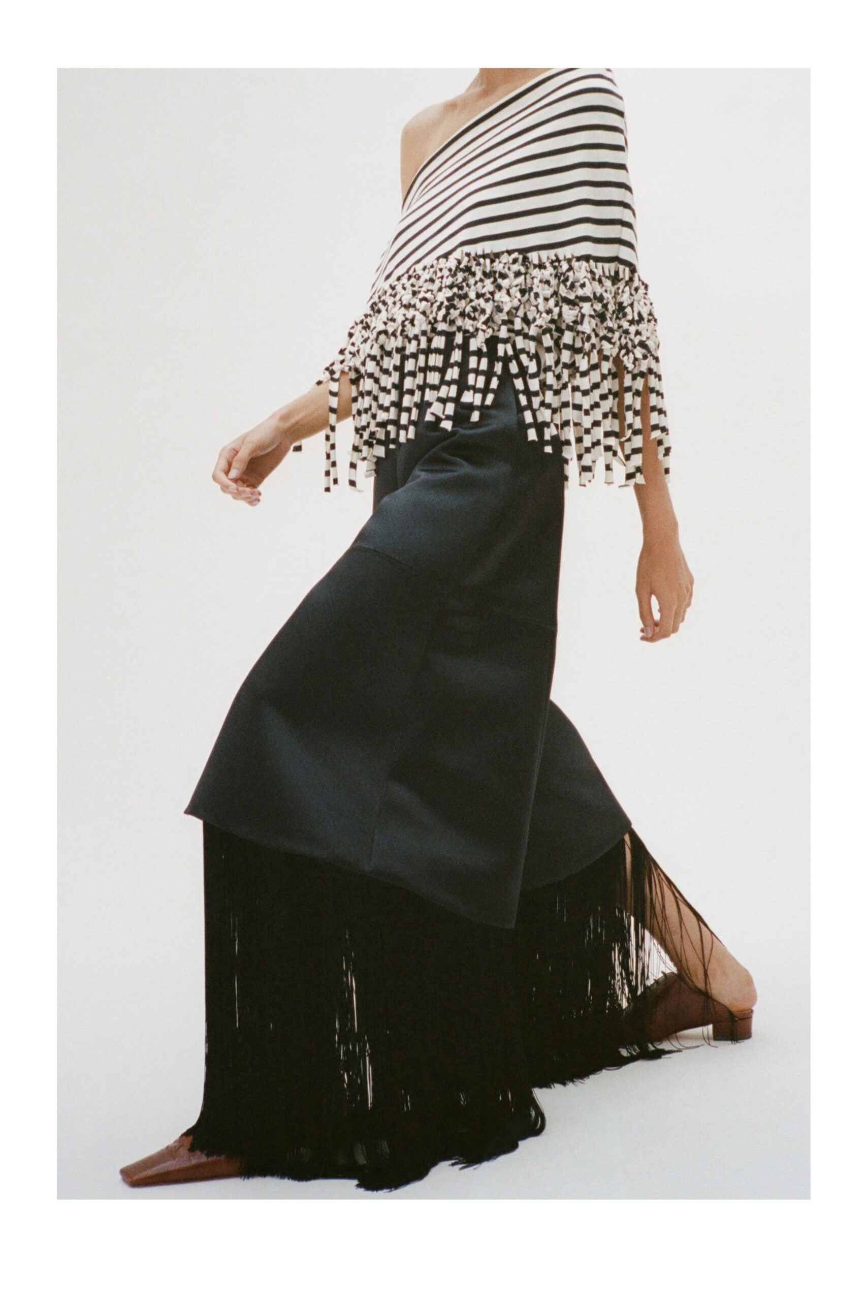striped one-shoulder fringe top