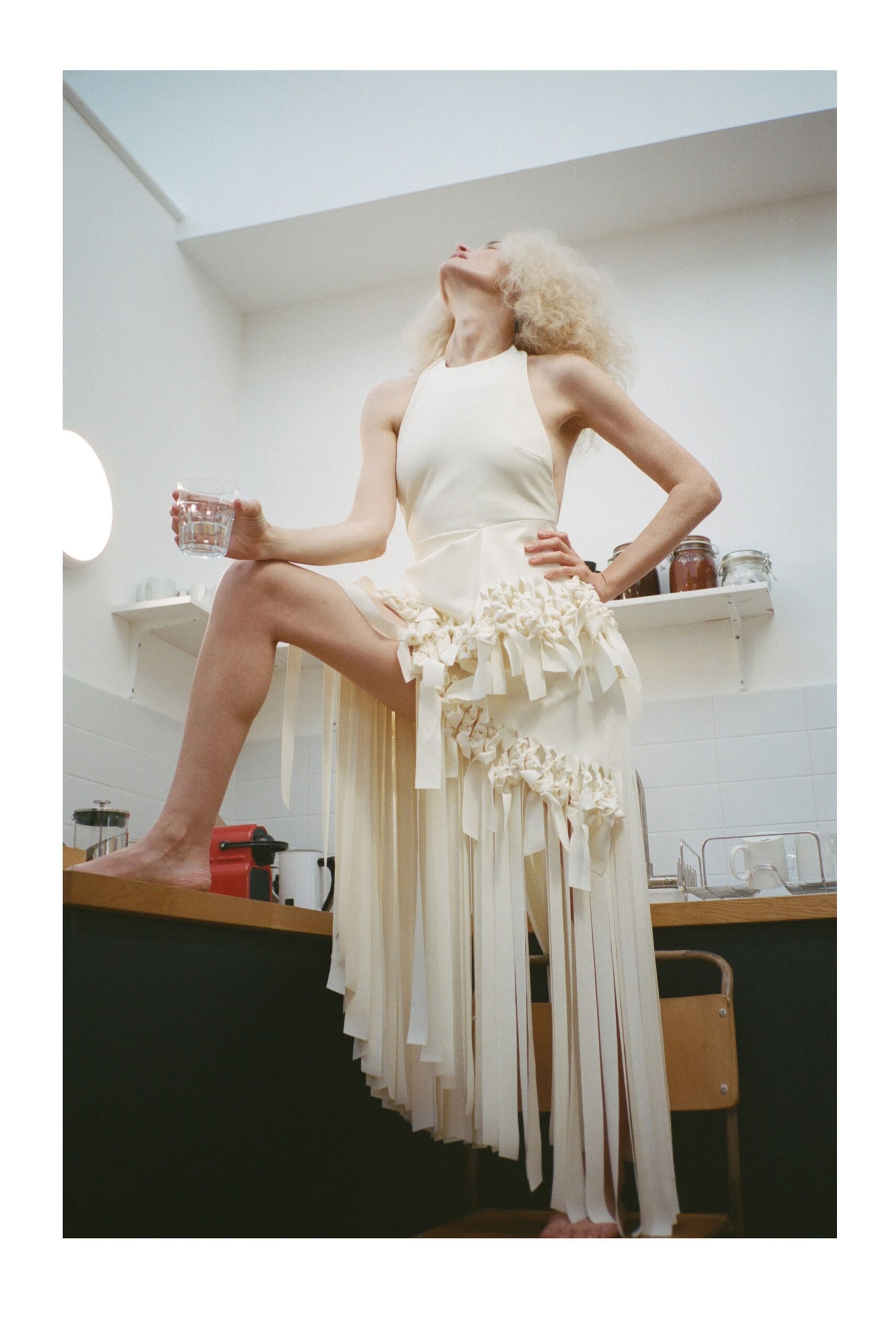 ivory halter ribbon-fringe evening gown