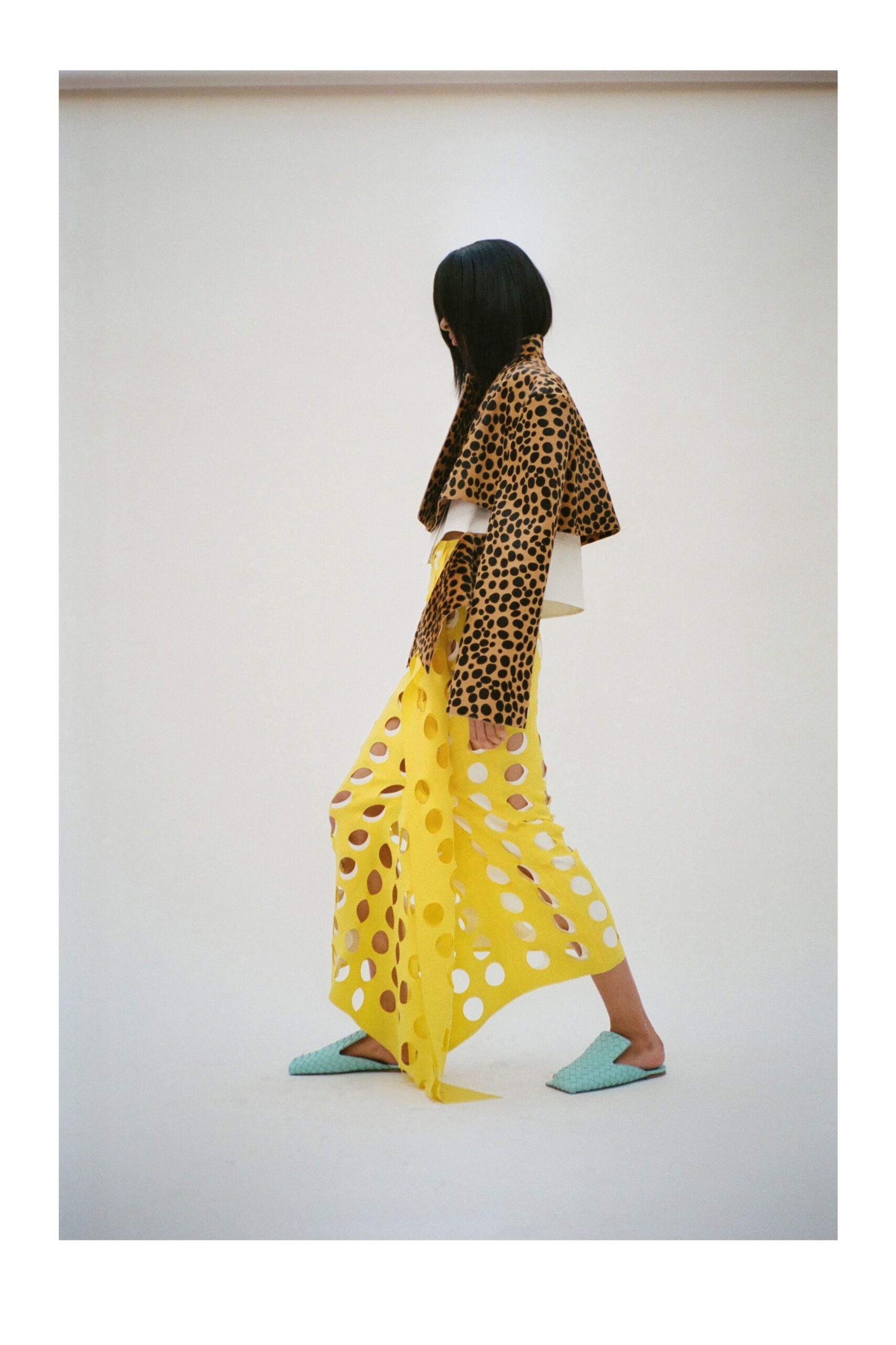 yellow cutout polka-dot maxi skirt