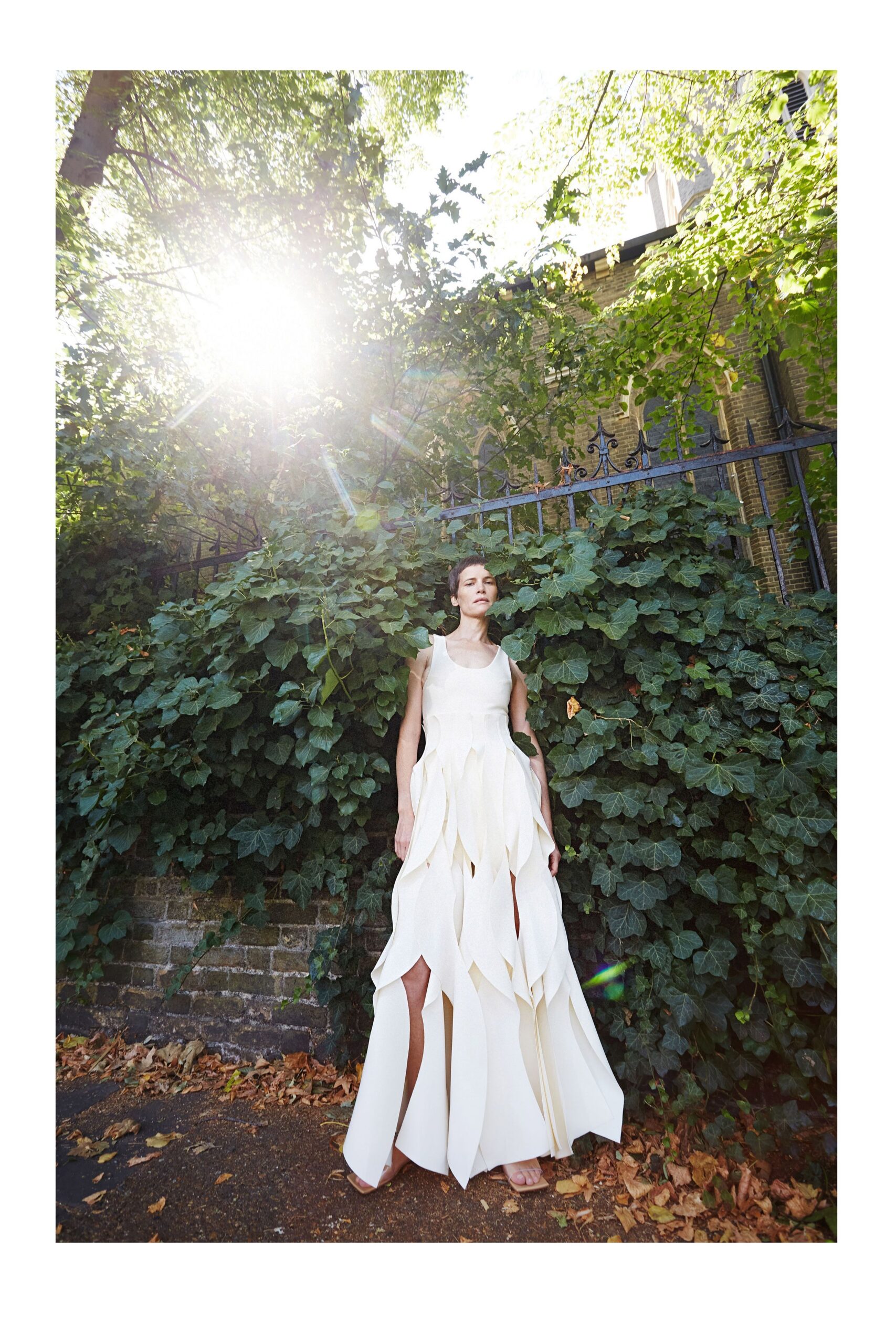 ivory petal hem evening gown