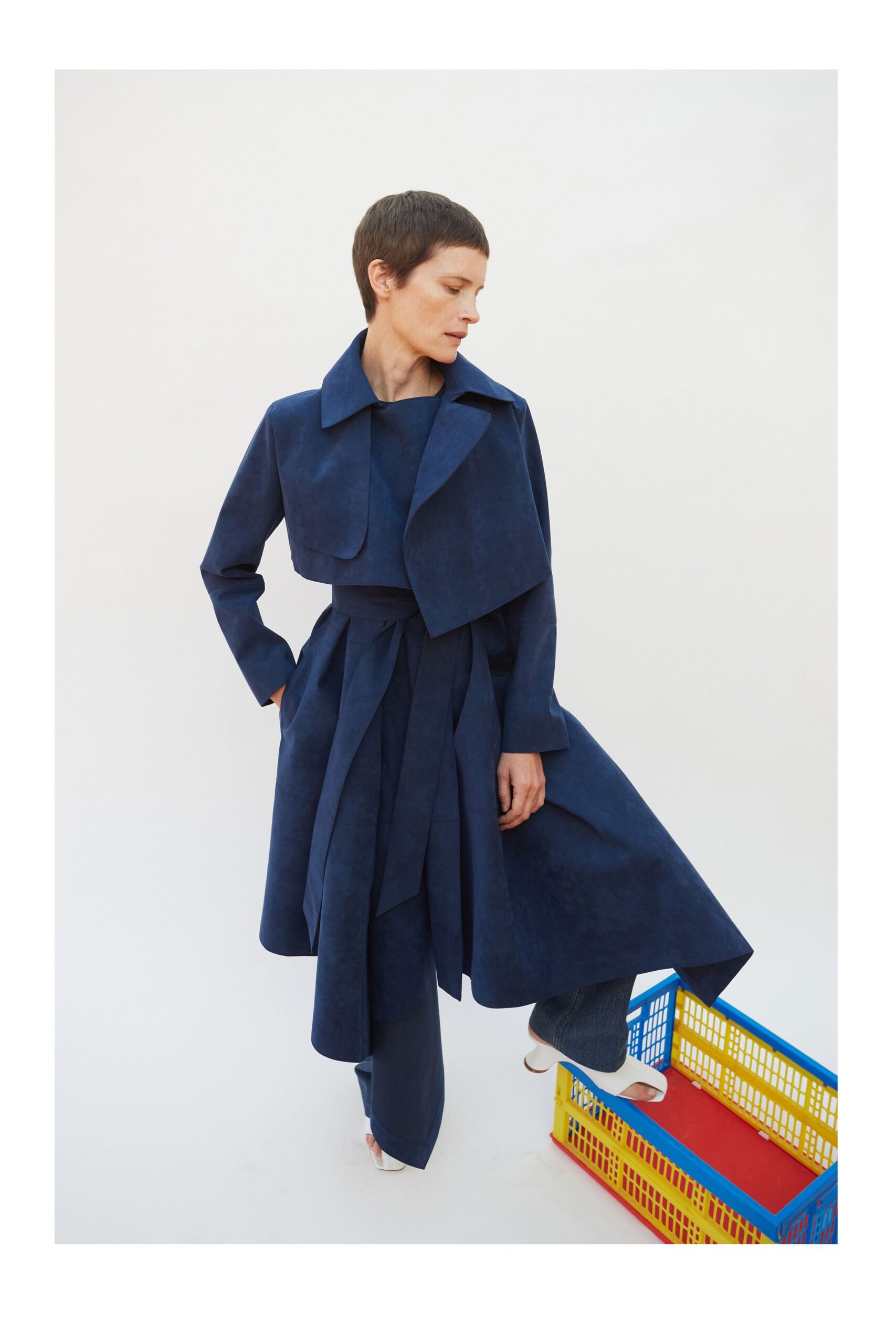 blue suede belted coat