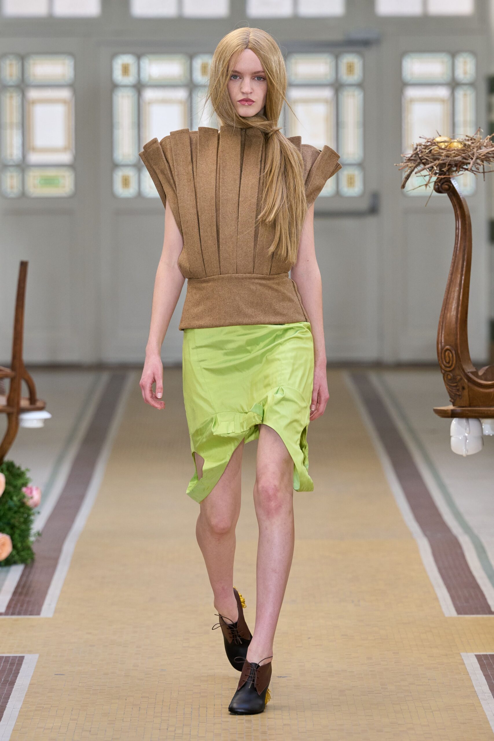 brown high-neck sleeveless structured panelled textured top