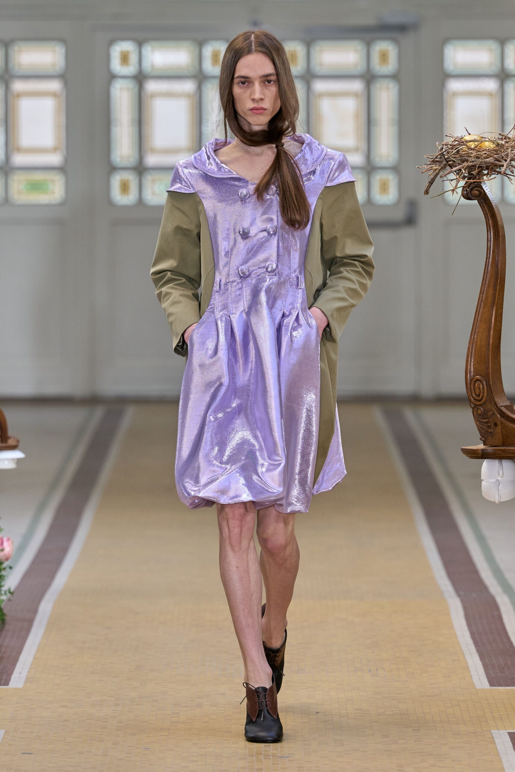 lavender metallic long-sleeve collared buttoned draped shiny dress