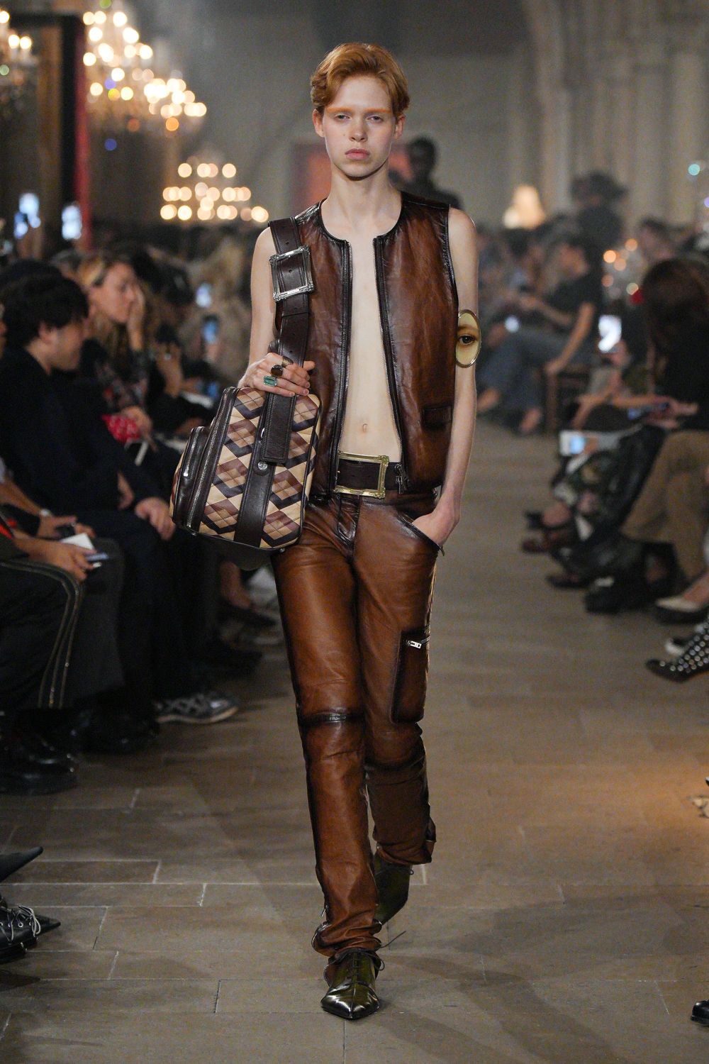 brown leather sleeveless zip-front vest