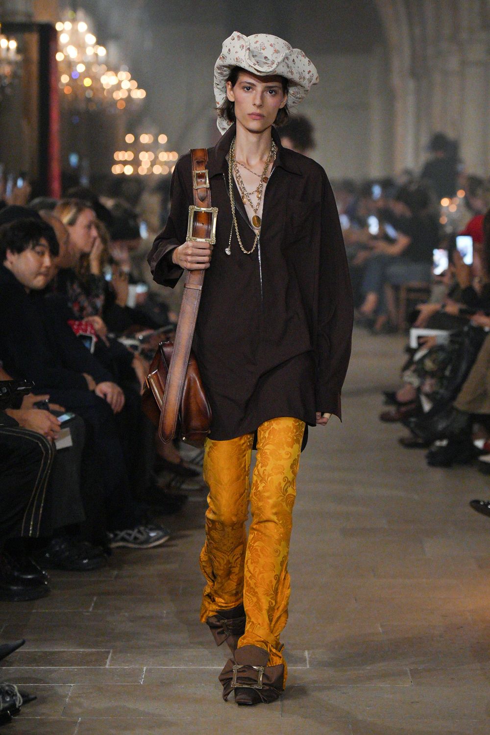 brown tunic shirt with damask trousers