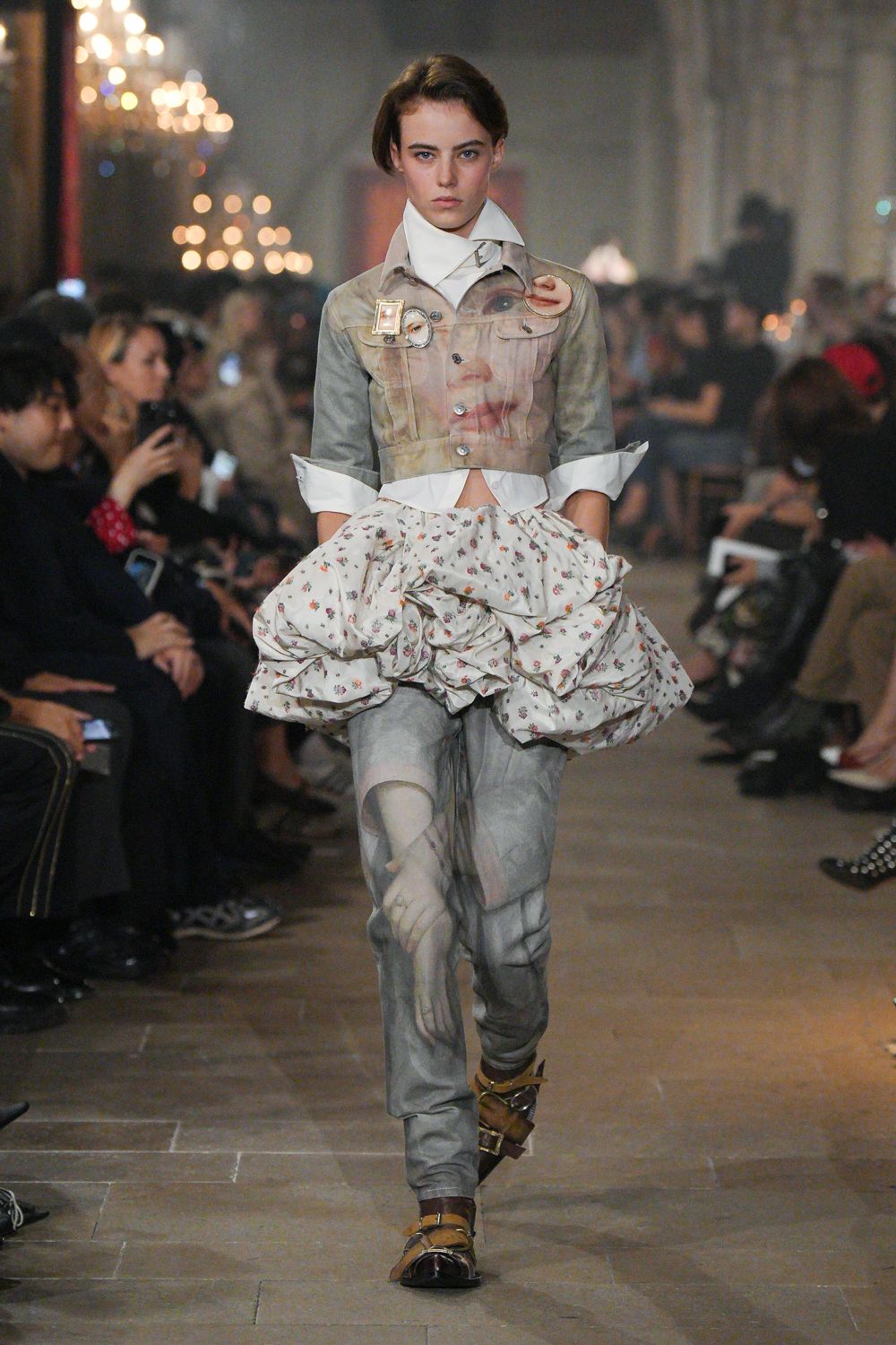 portrait-print cropped denim jacket