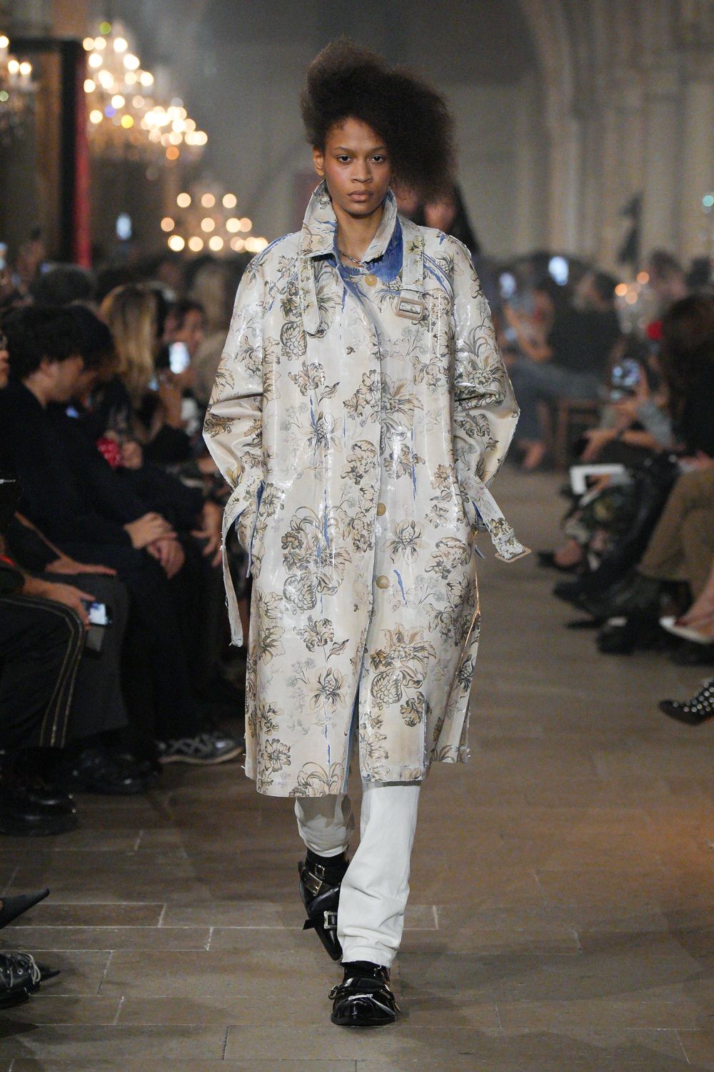 ivory metallic long-sleeve collared oversized floral printed coat