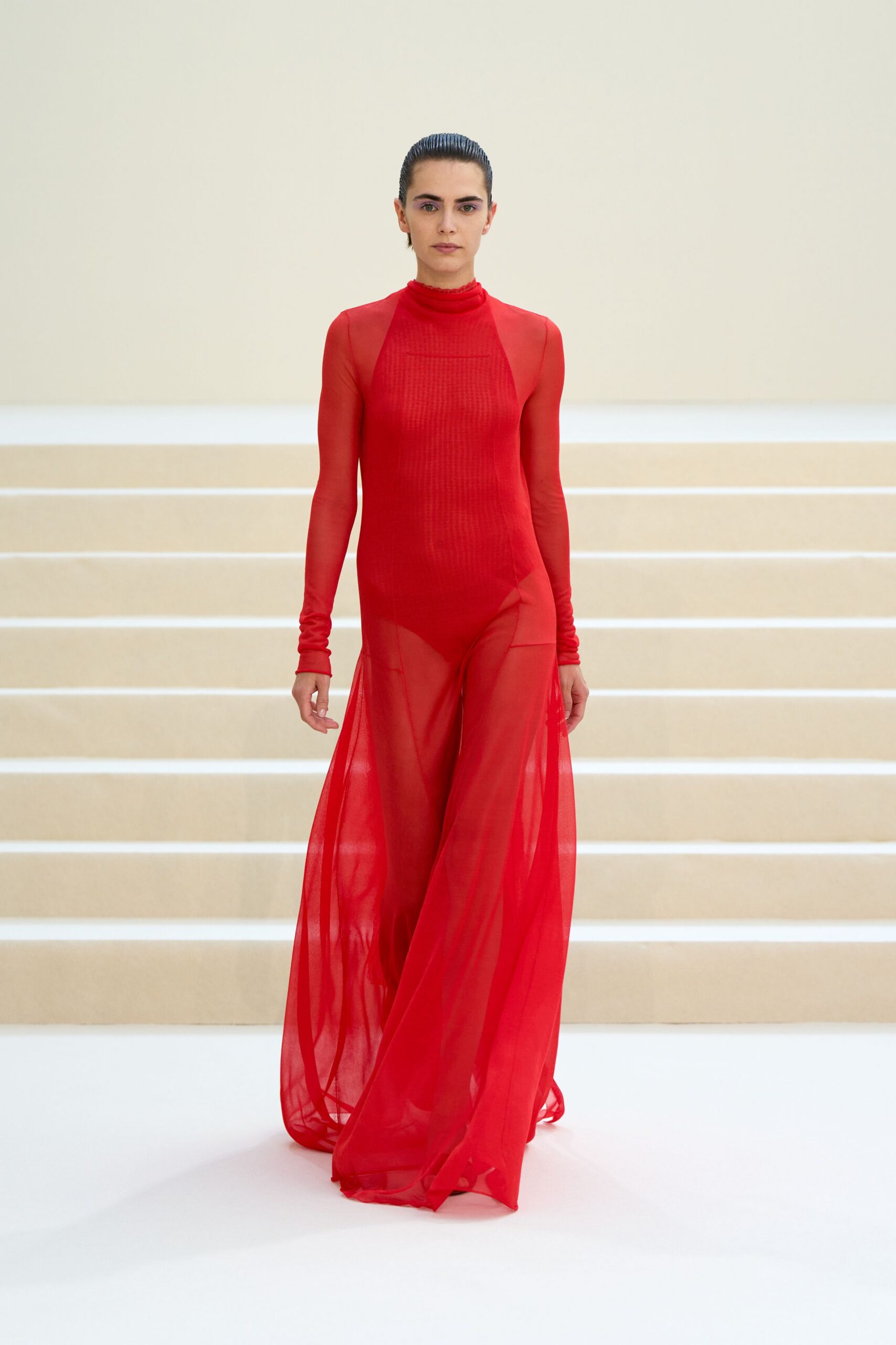 sheer red high-neck gown