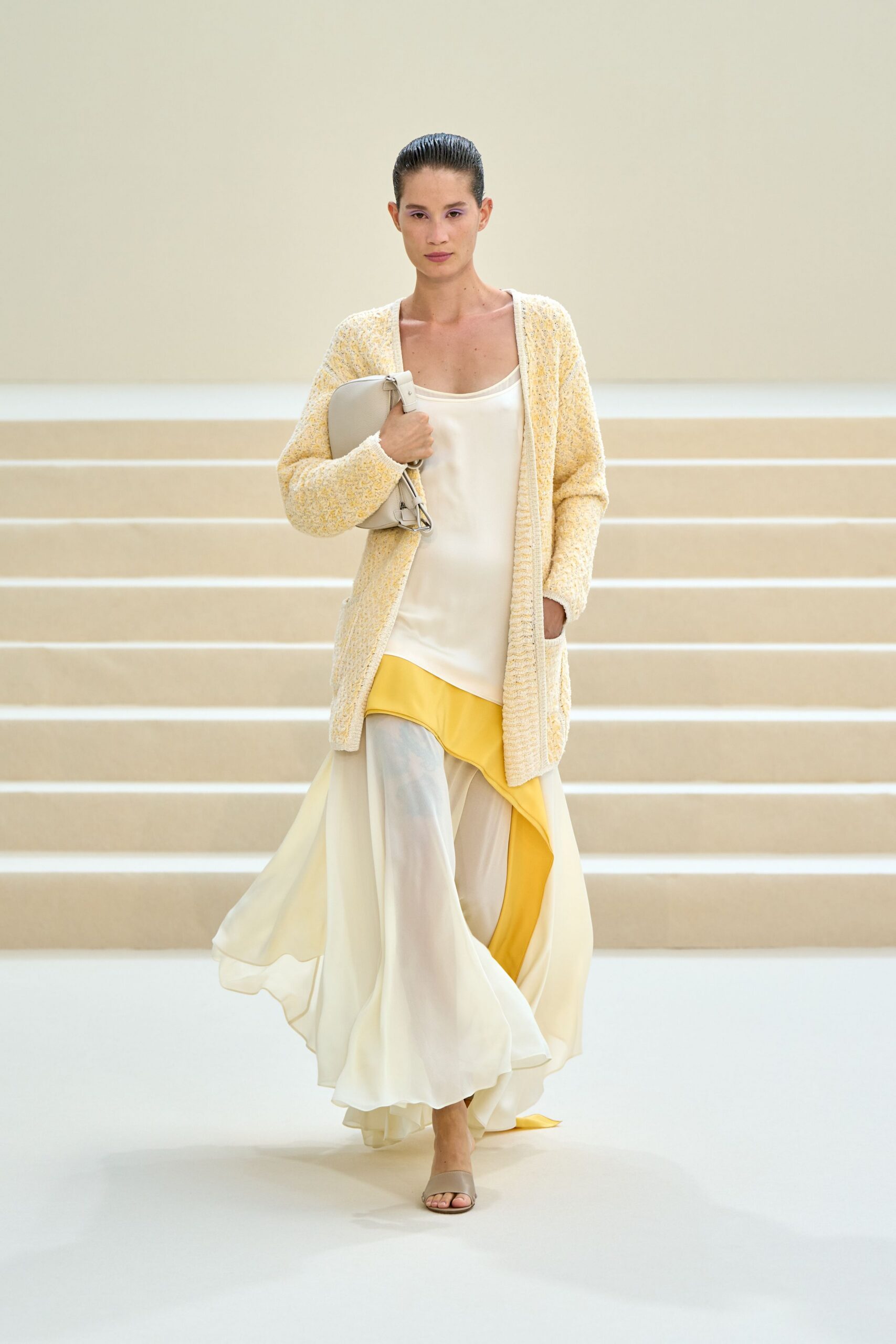 asymmetric ivory and yellow chiffon dress