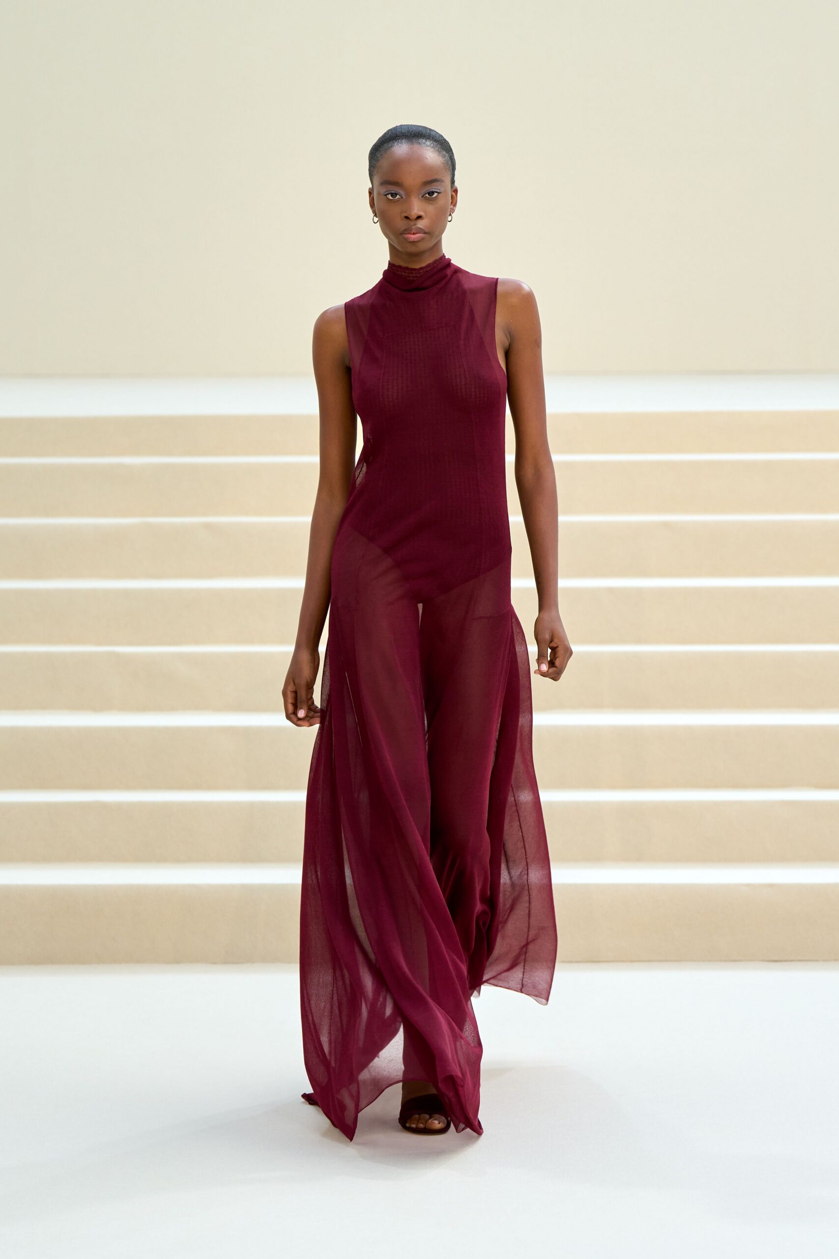 sheer burgundy high-neck gown
