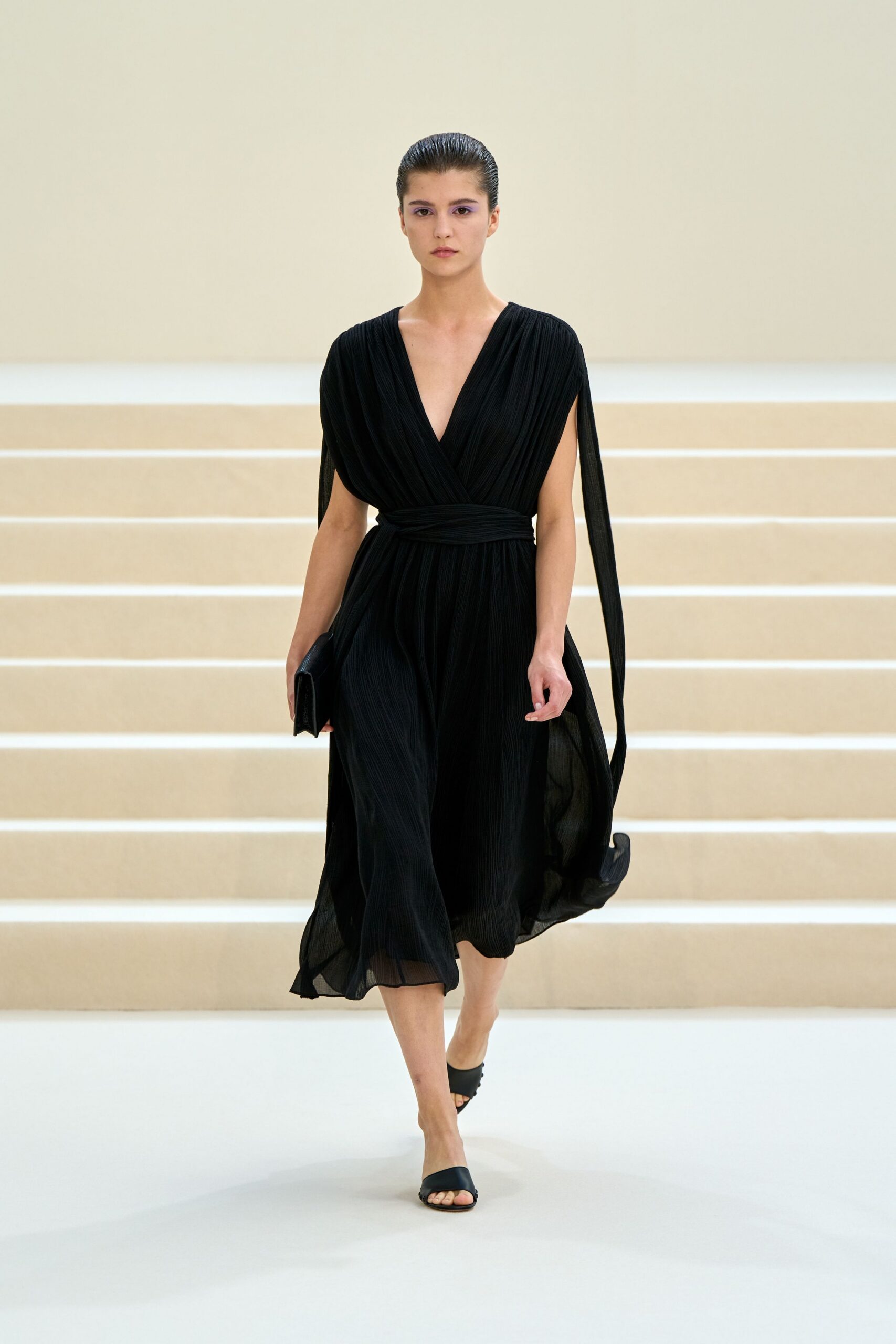 black pleated wrap midi dress