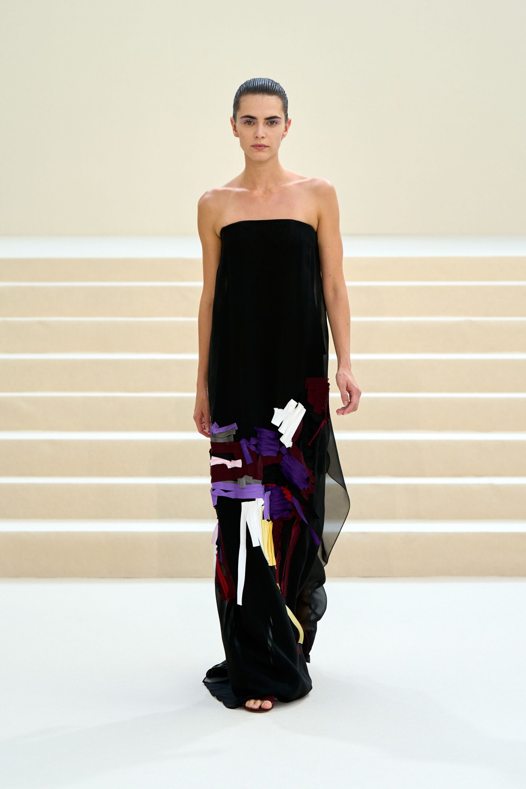 black chiffon strapless asymmetric embellished abstract gown