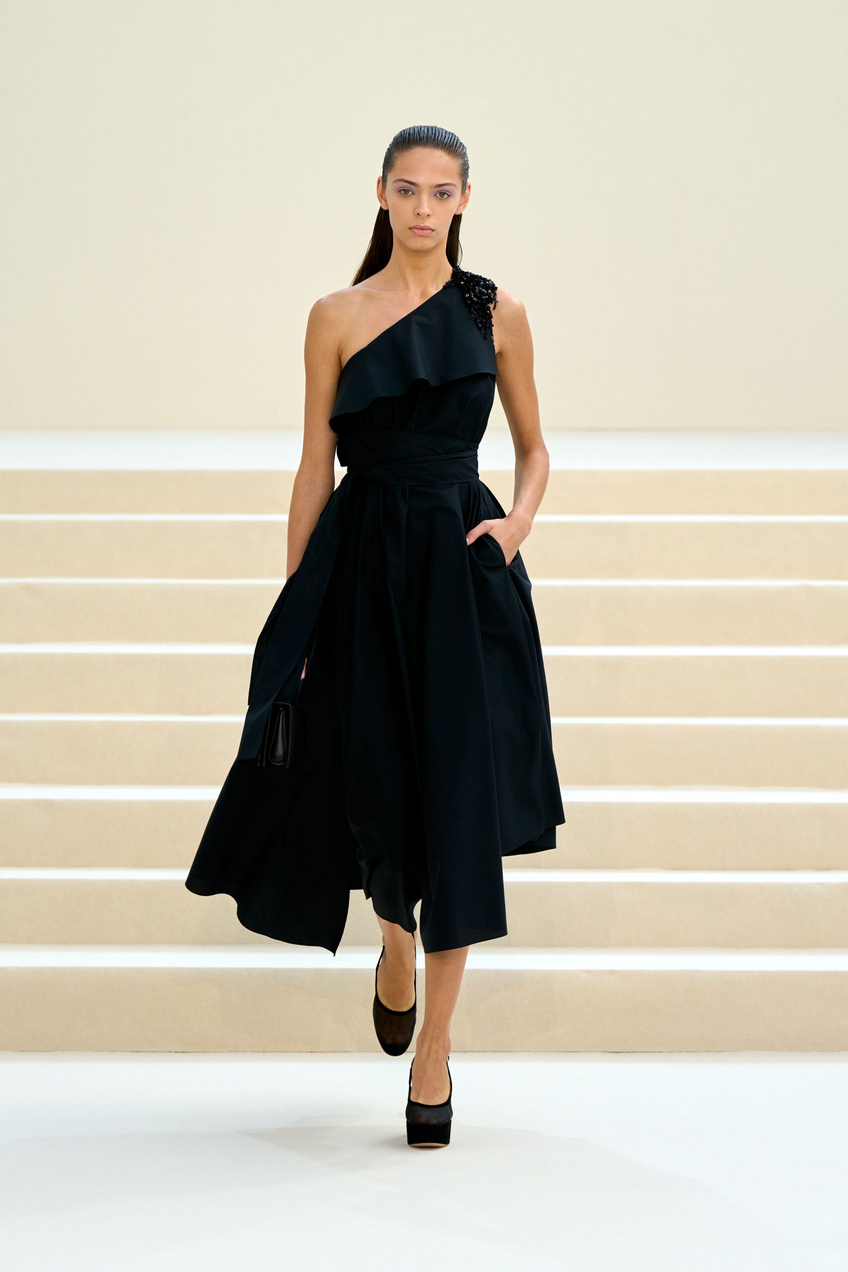 black one-shoulder evening dress