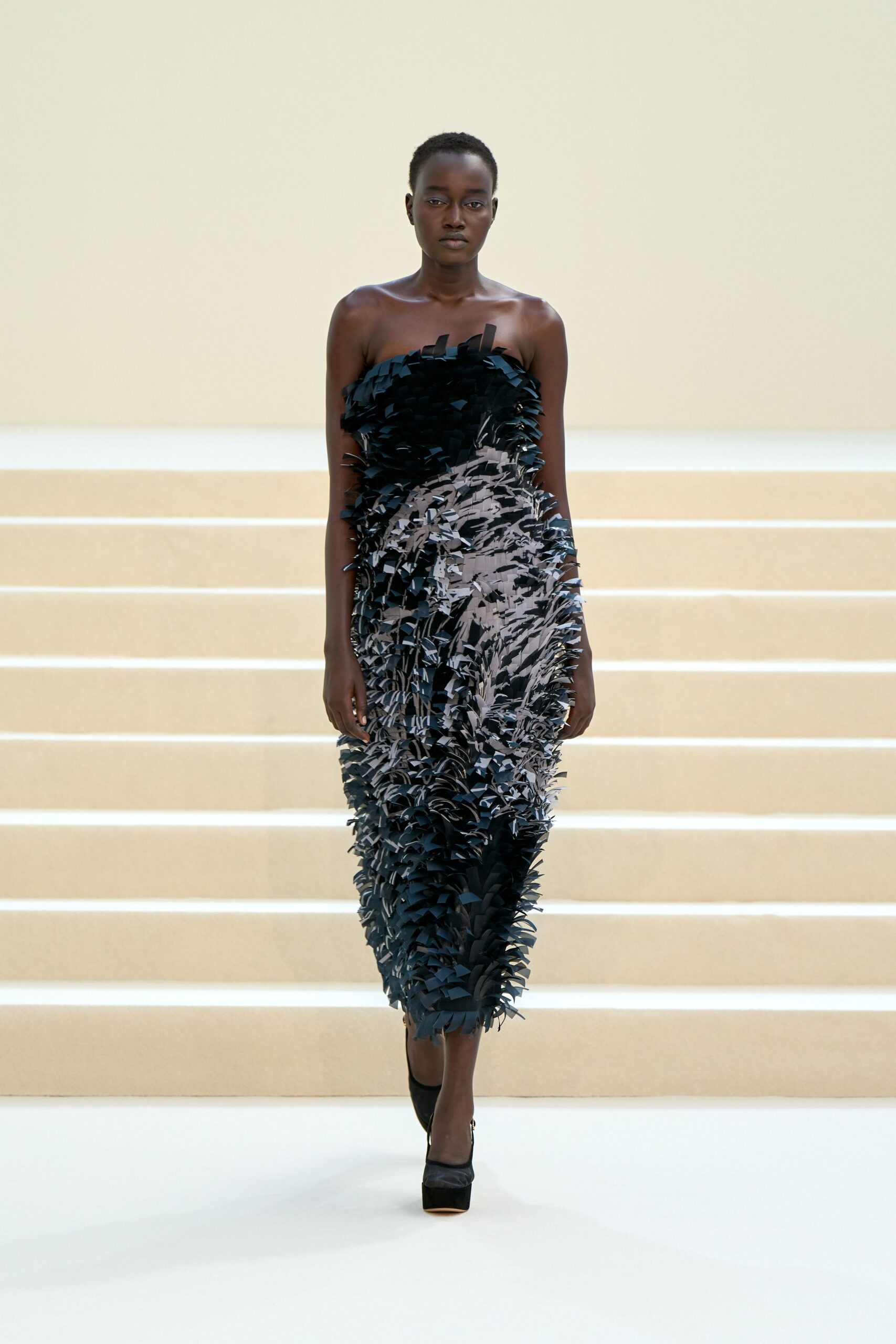 strapless textured evening column gown