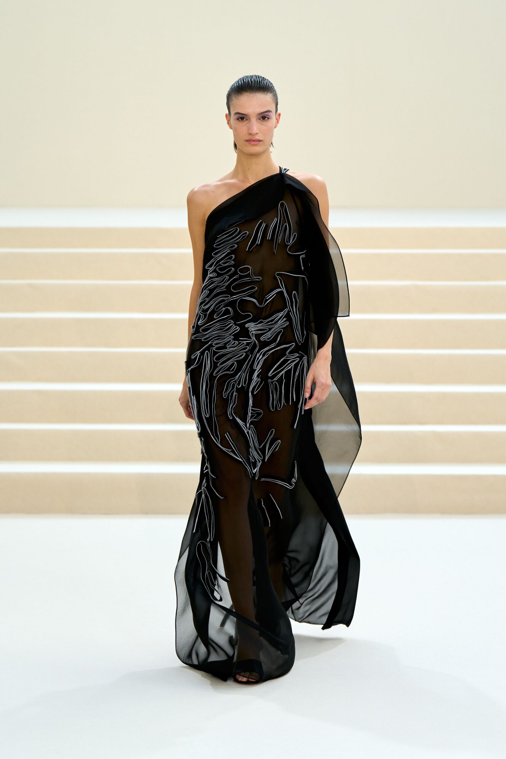 black chiffon asymmetric off-shoulder embroidered draped gown