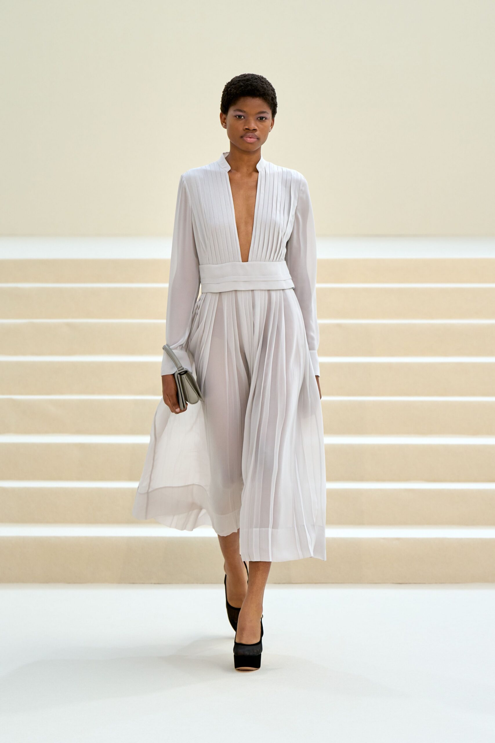 white chiffon long-sleeve low-cut pleated belted midi-dress