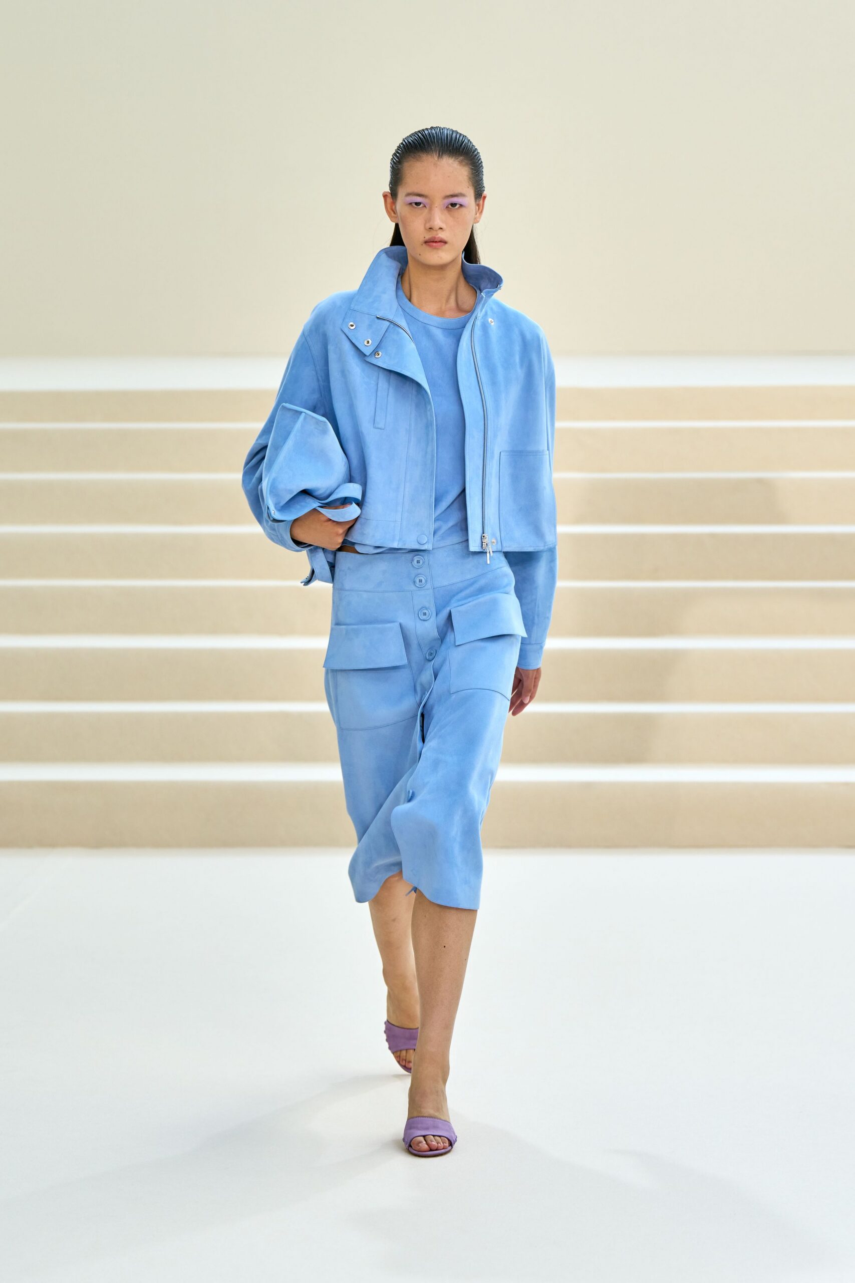 blue suede long-sleeve high-neck oversized zippered pockets jacket