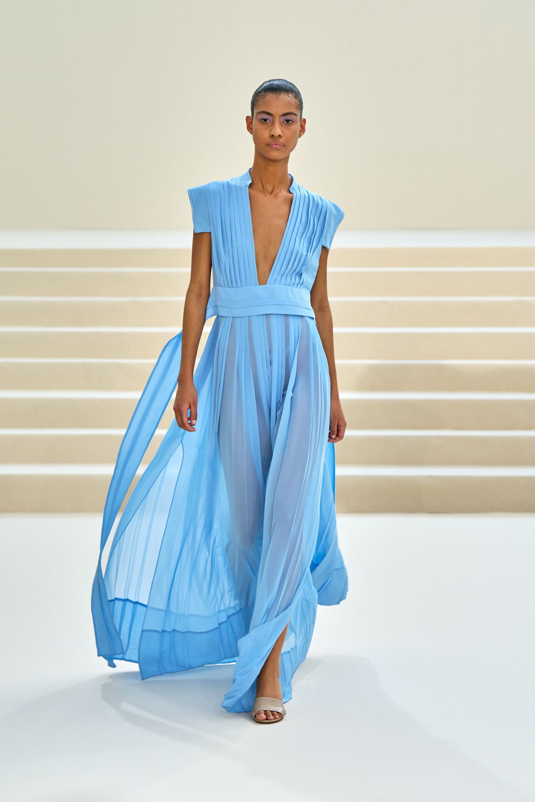 sky blue pleated chiffon evening gown