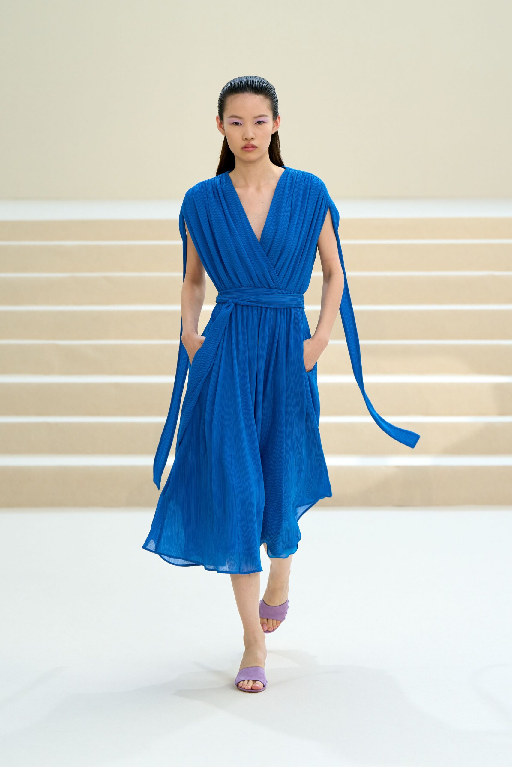 blue pleated wrap midi dress
