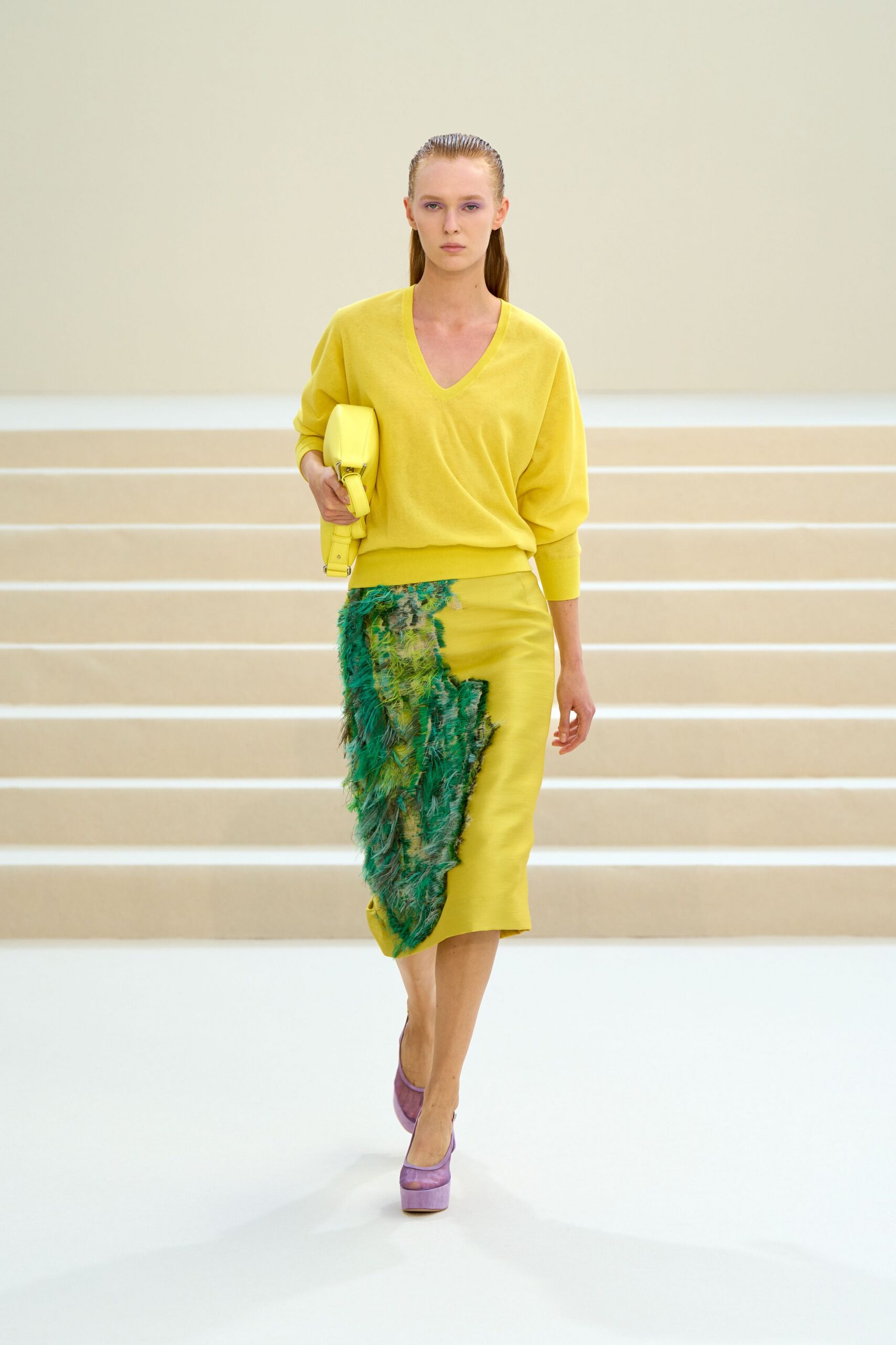 yellow feather-panel midi skirt