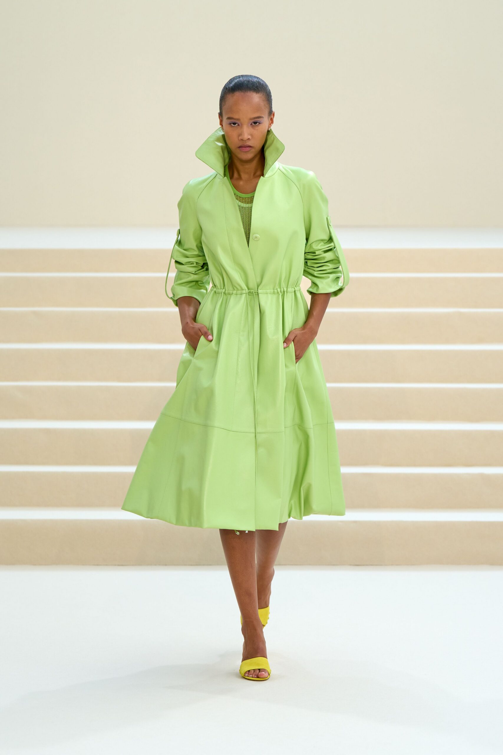 lime leather drawstring midi dress