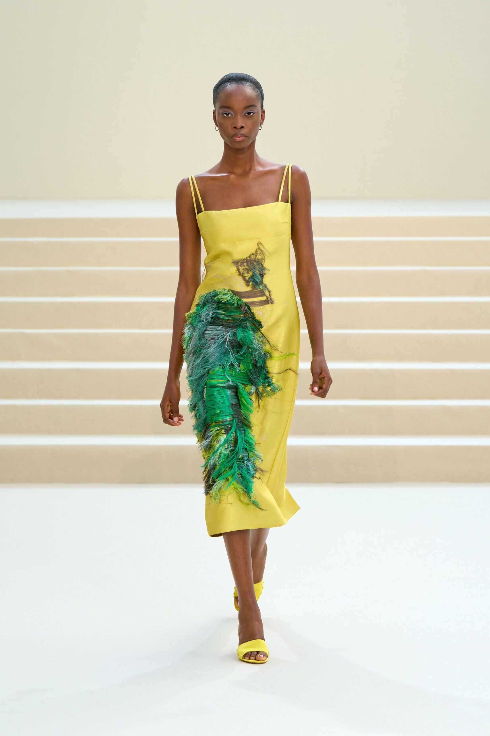 yellow feather-appliqué spaghetti-strap midi dress