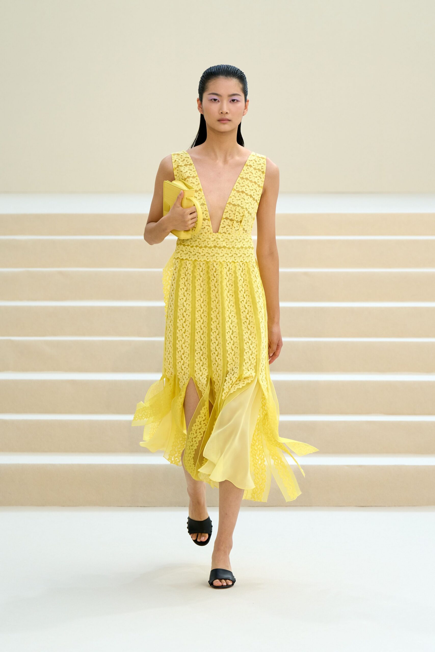 yellow lace plunge midi dress