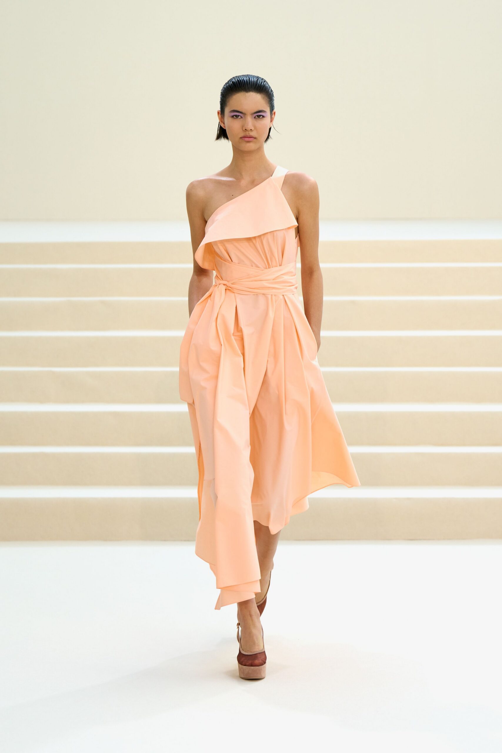 one-shoulder draped peach midi dress