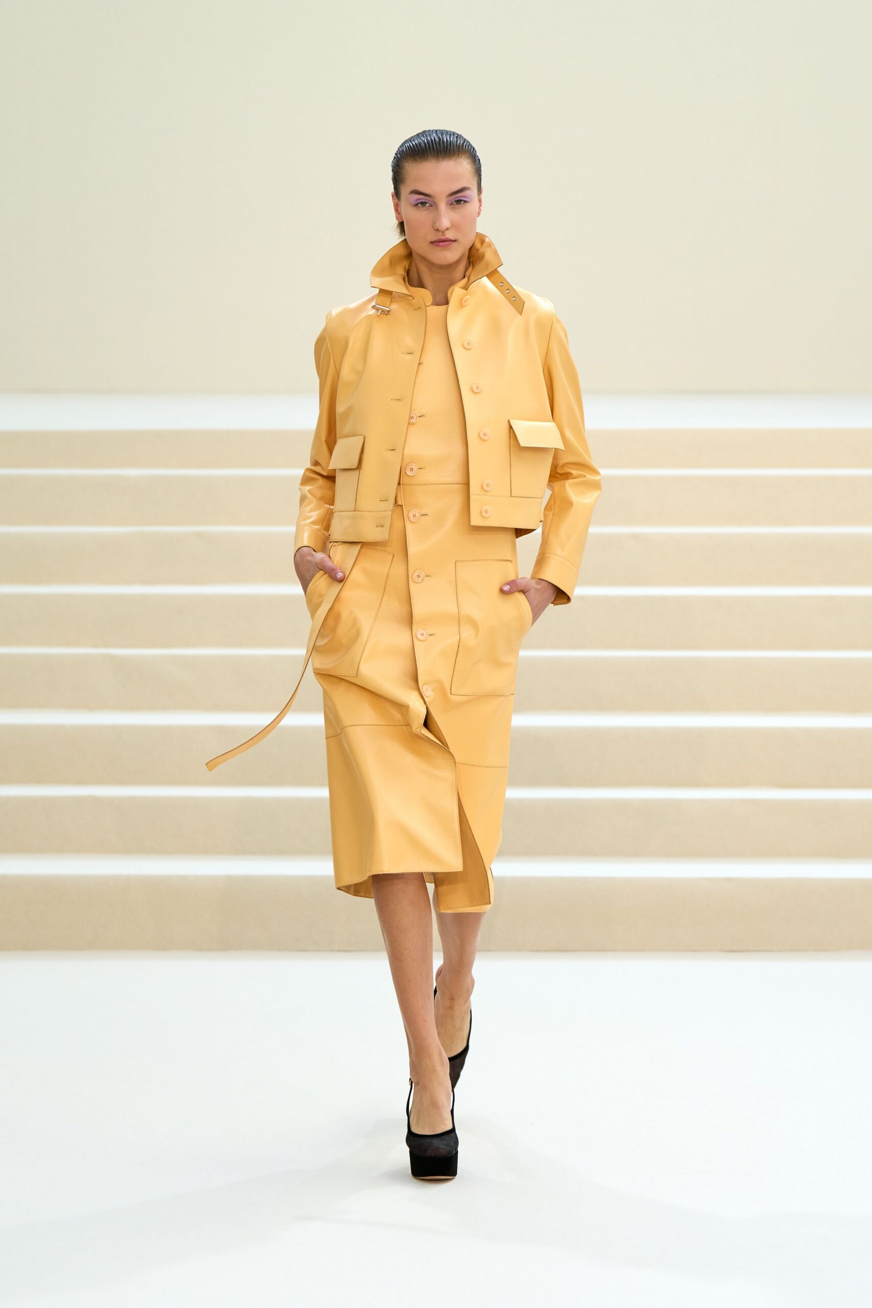 yellow leather midi dress