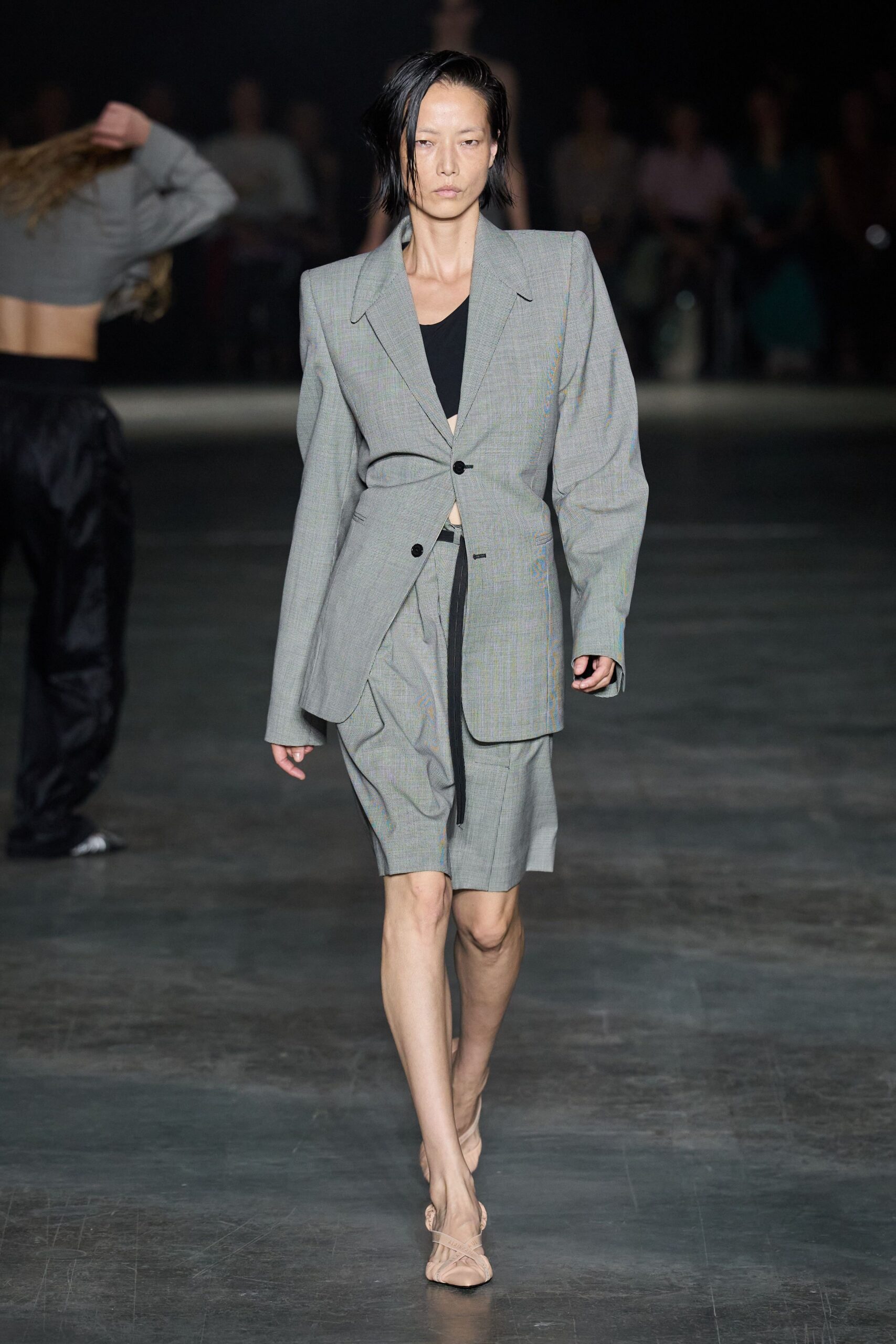 gray tailored blazer and shorts suit