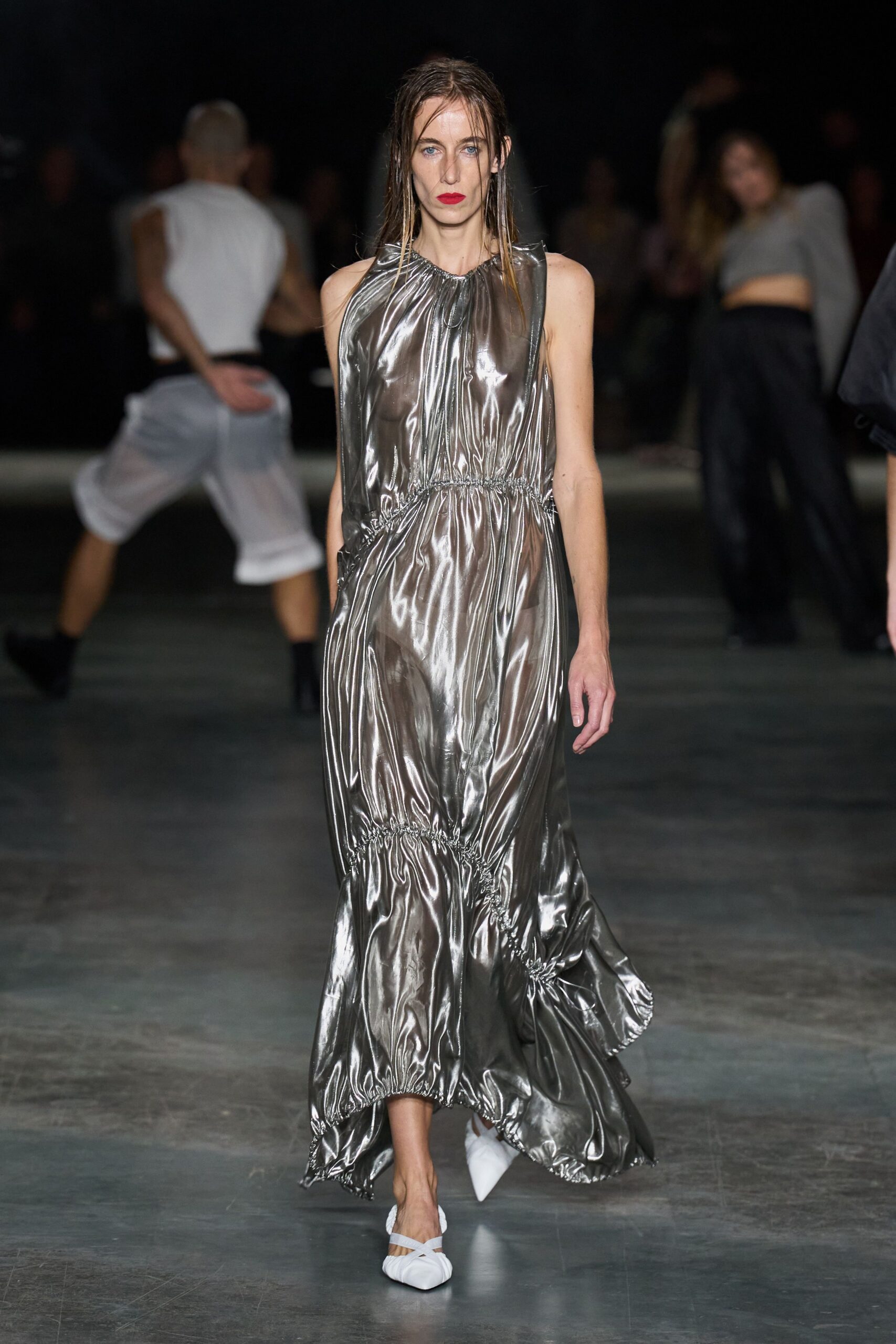silver ruched satin maxi dress
