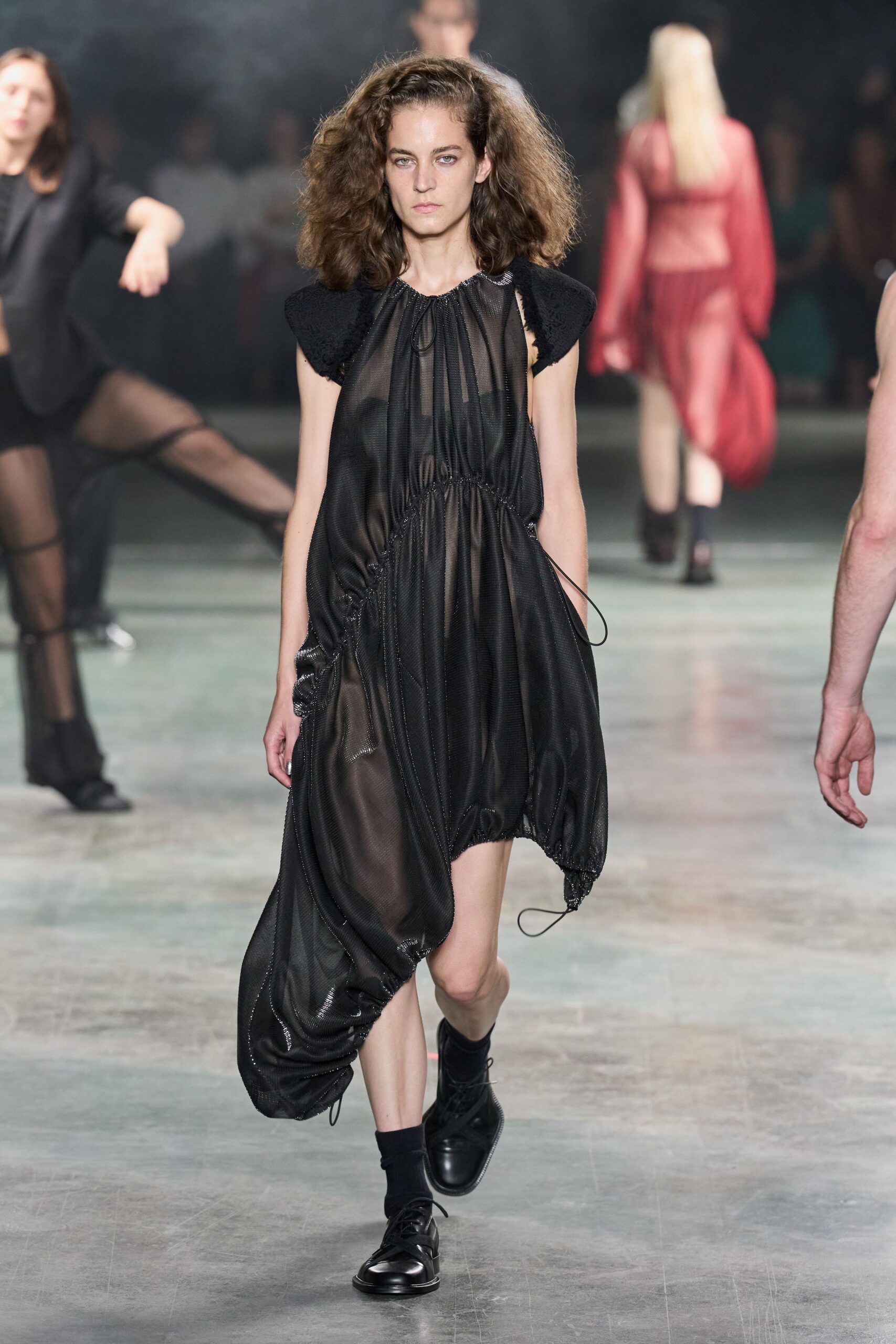 sheer asymmetric black drawstring dress