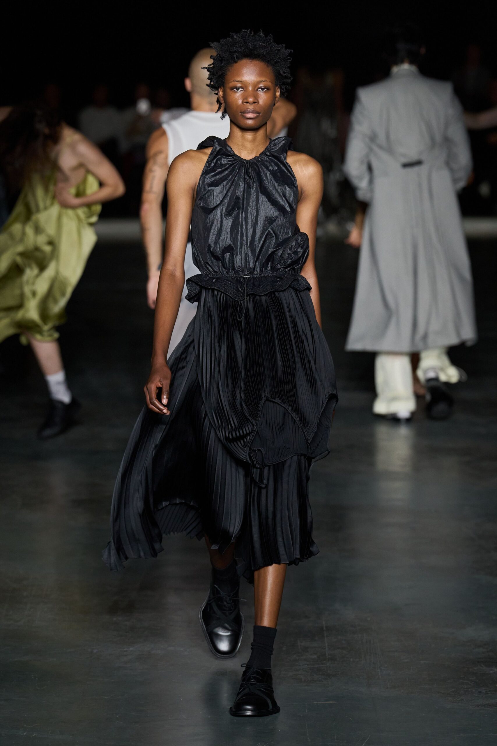 black pleated drawstring dress
