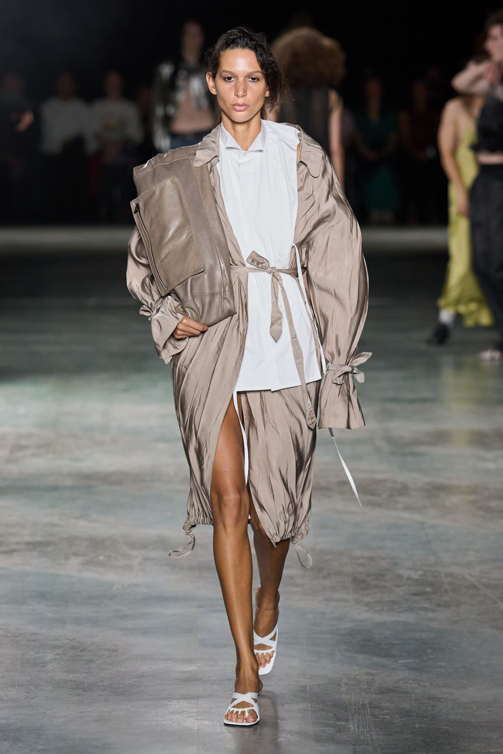 draped belted beige coat