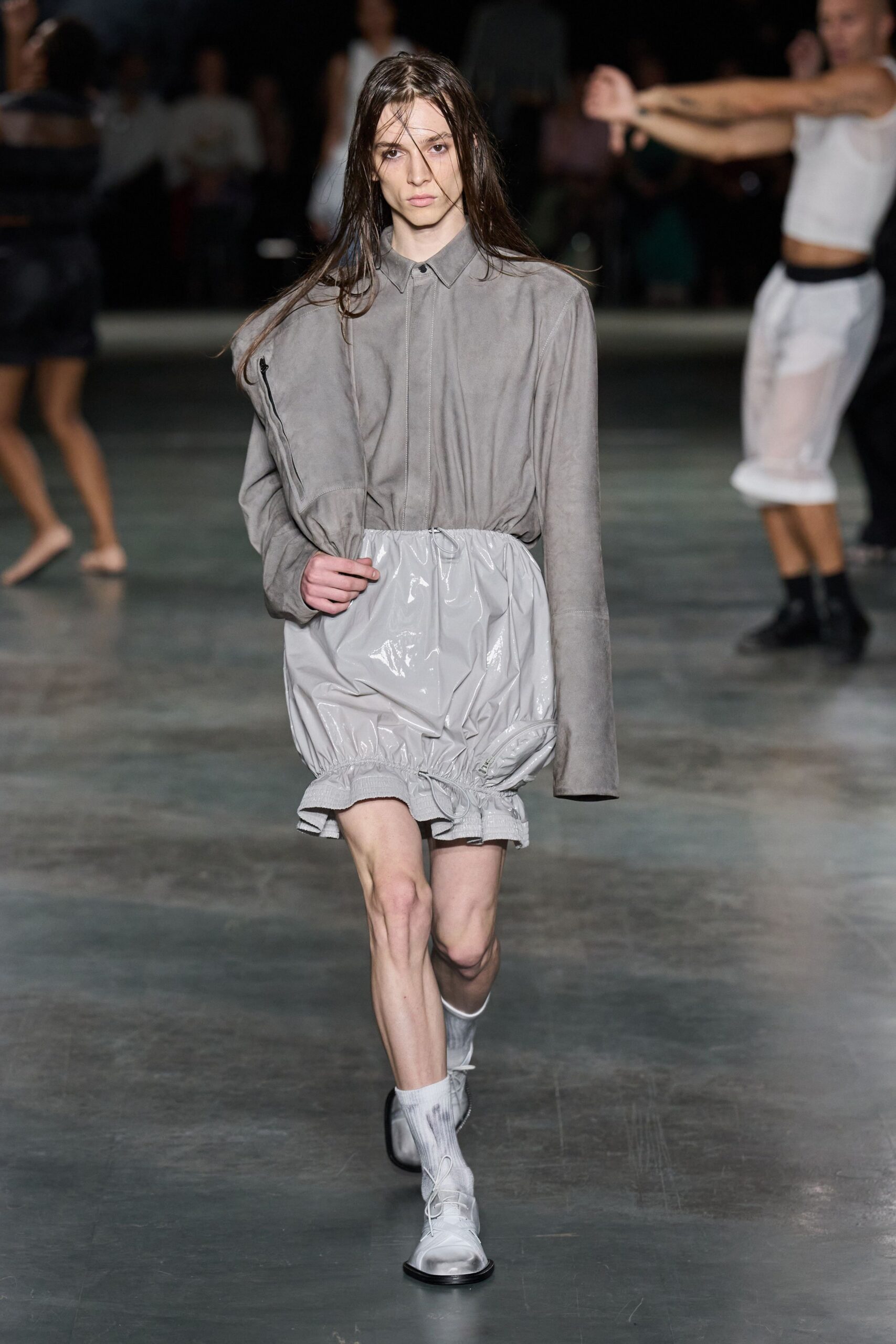 gray bubble-hem shirt dress