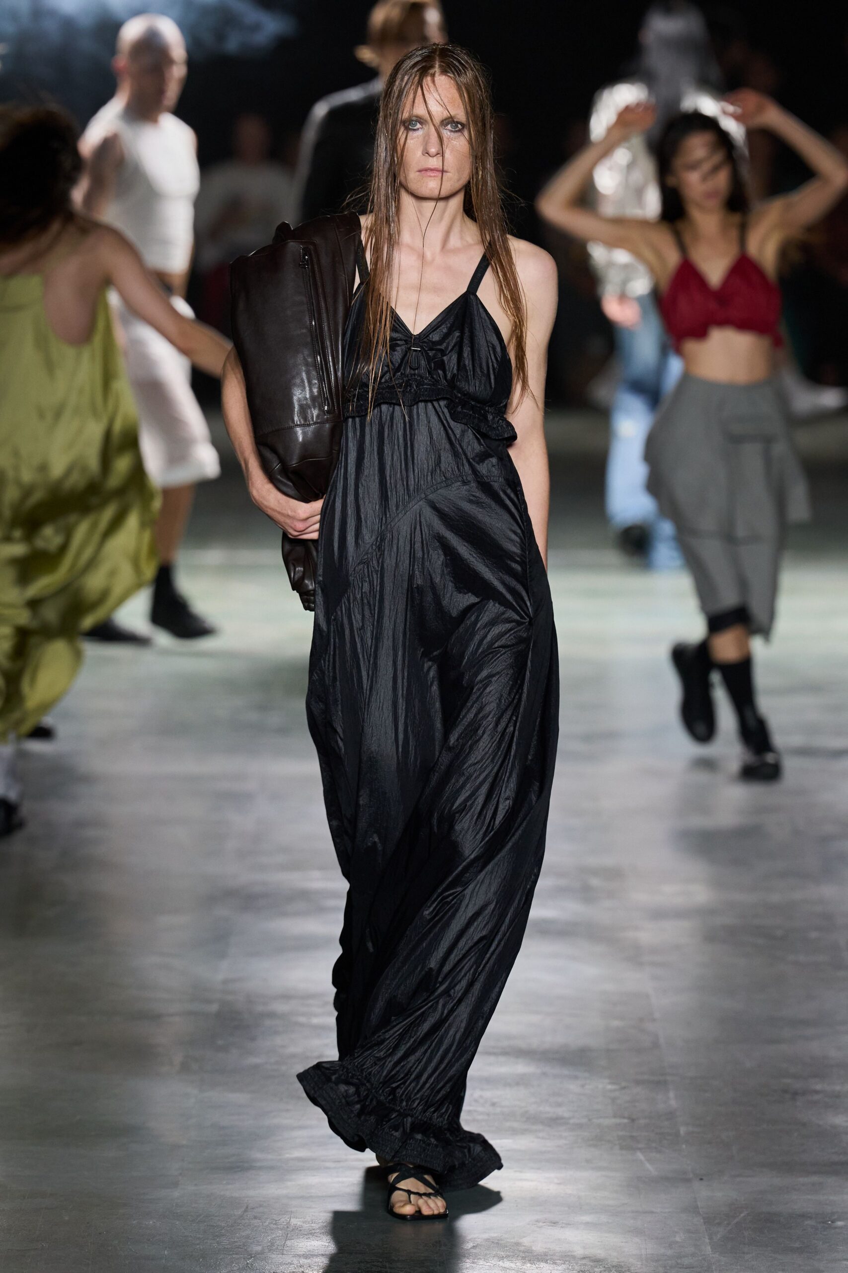 black flowing spaghetti-strap maxi dress