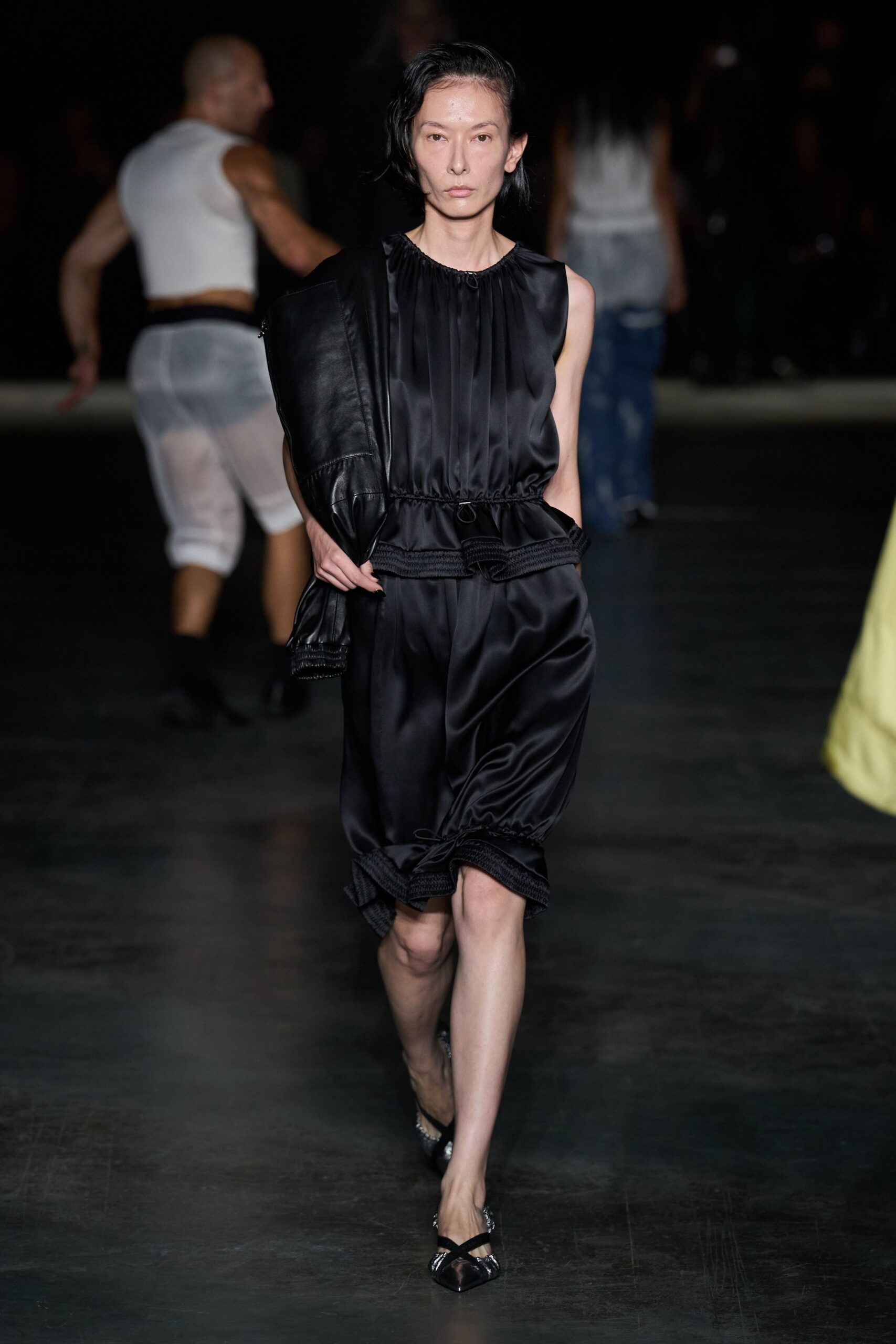 black satin bubble-hem dress