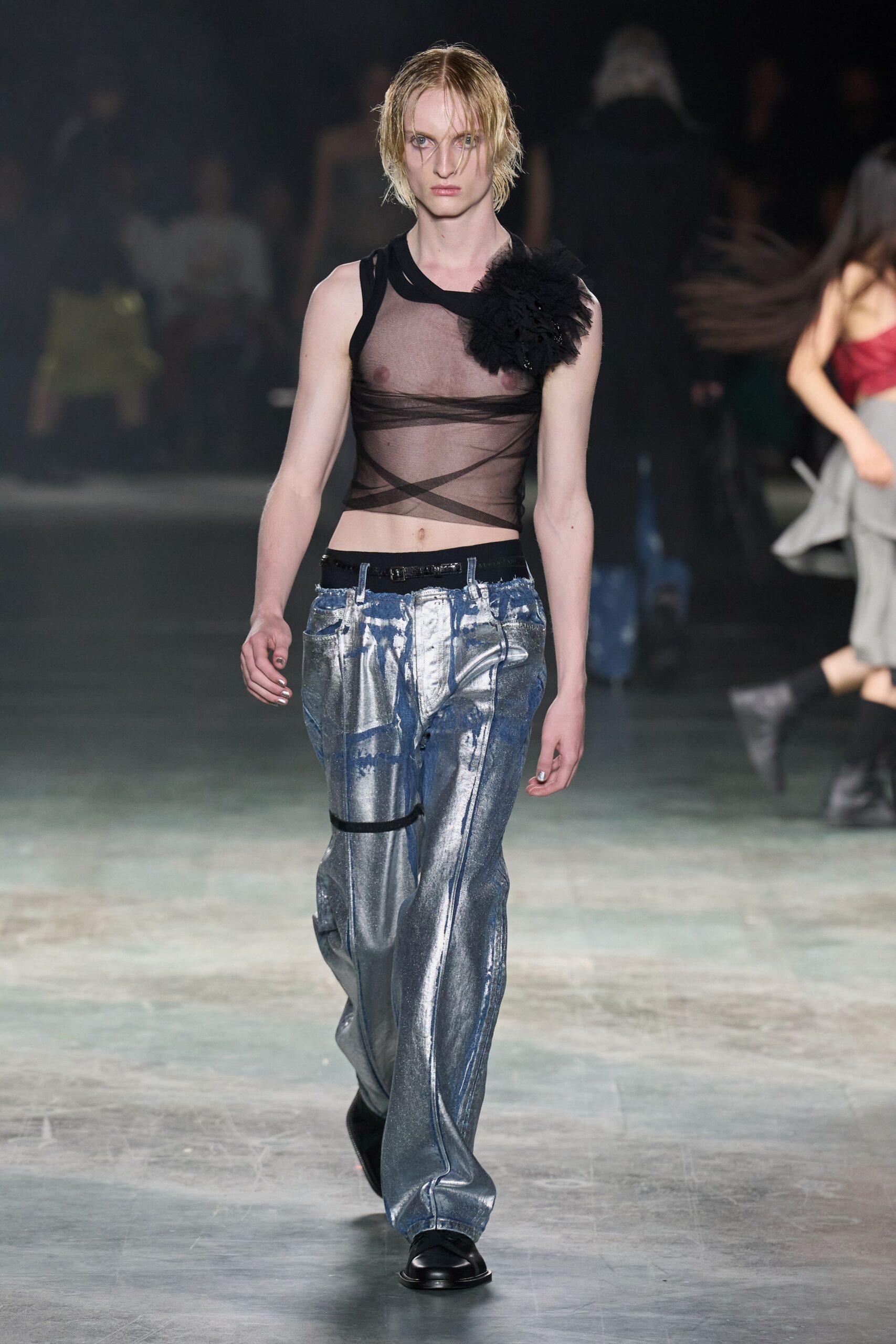 sheer asymmetric mesh top with floral applique