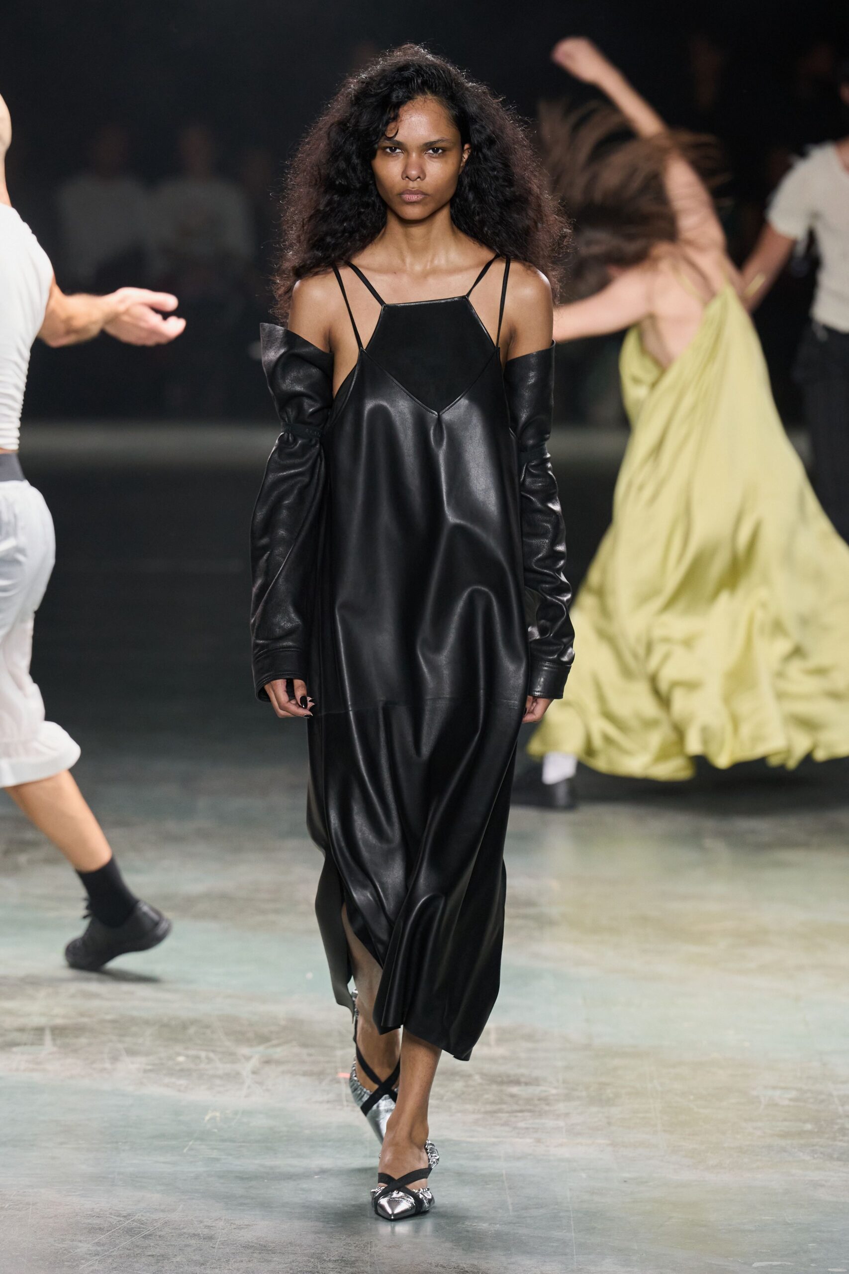 black leather cold-shoulder maxi dress