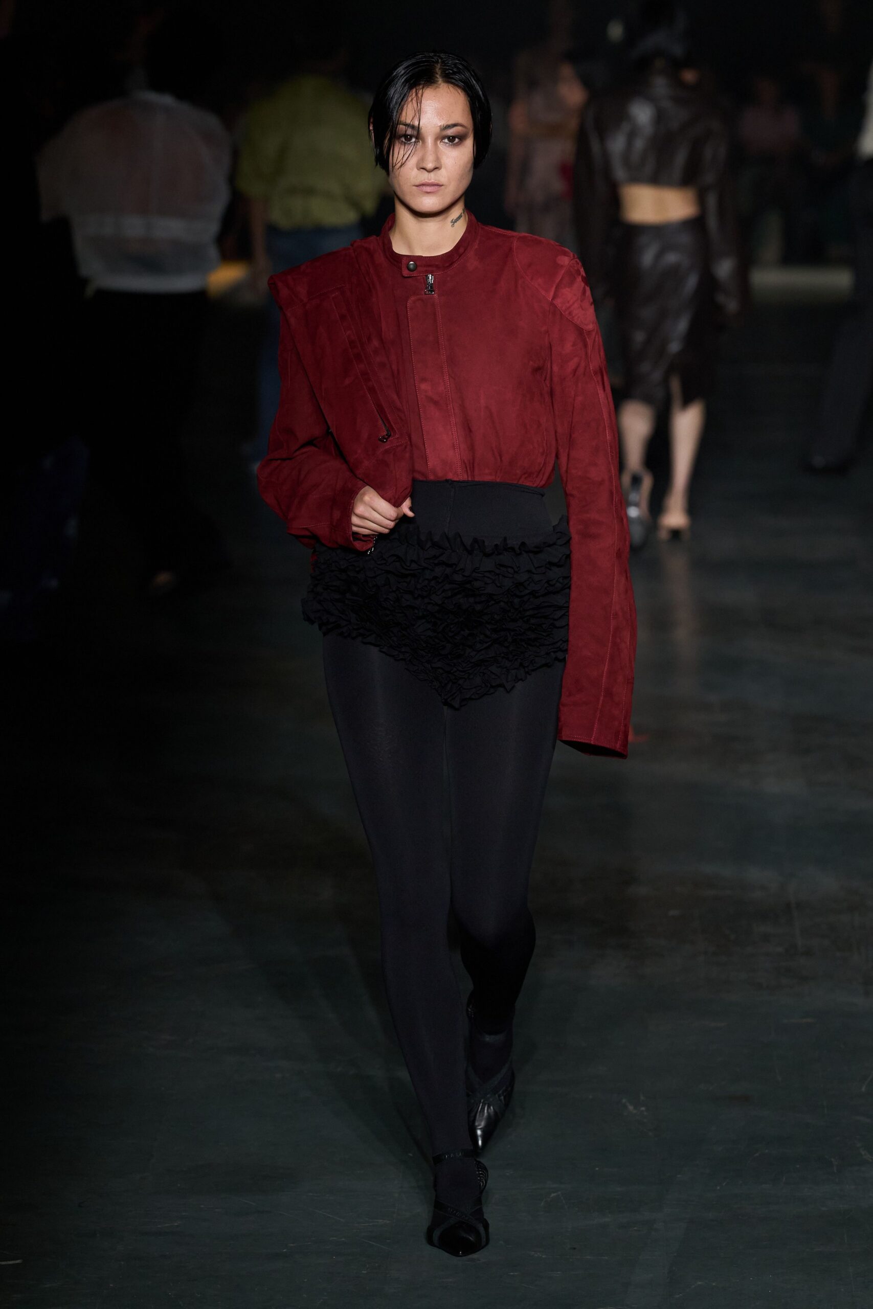 red suede long-sleeve high-neck structured zippered panelled jacket