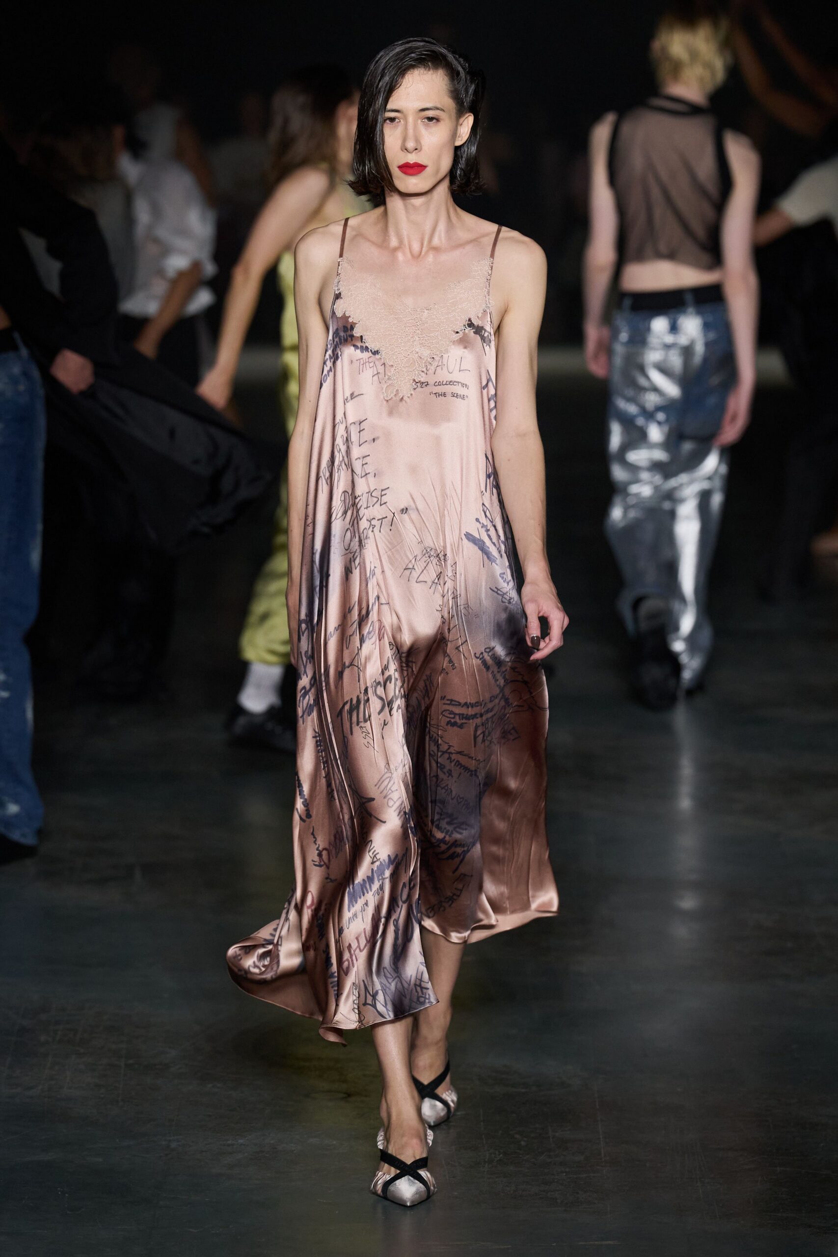 graffiti-print satin slip dress