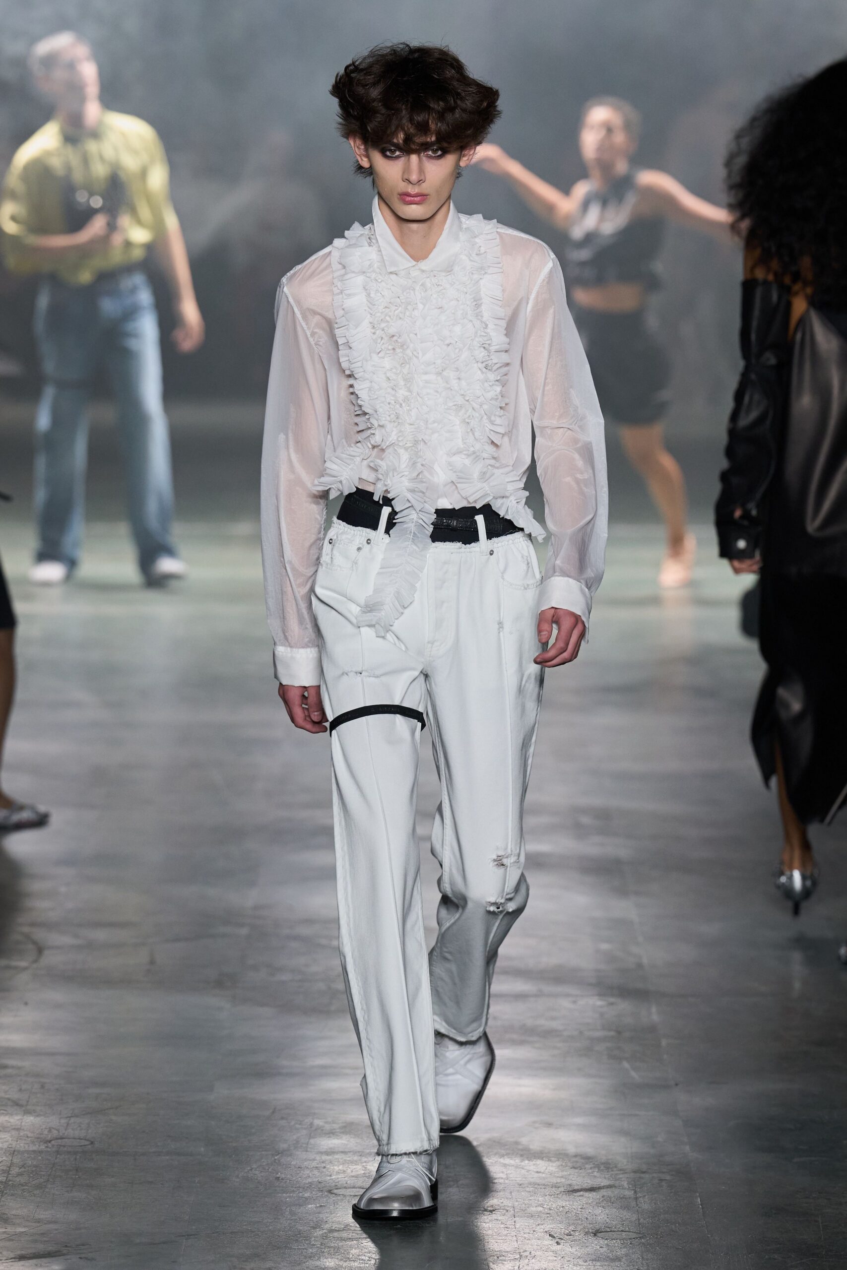 sheer ruffle-front white shirt